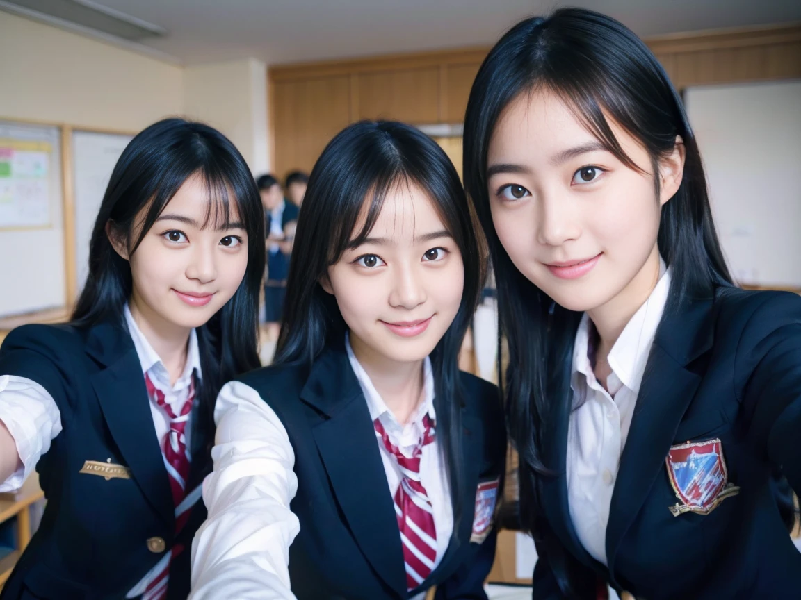 Same face, matching school uniform、10 cute 18 year old girls with long black hair and big breasts、a smile、selfee,‎Classroom