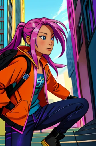 20 year old beautiful Asian girl with long hair, Lock of pink hair, beautiful blue eyes, with a worried face, wearing acyan shirt, orange jacket with details, black gloves, black backpack, purple jeans, combat boots, Doing parkour in a city, cartoon style