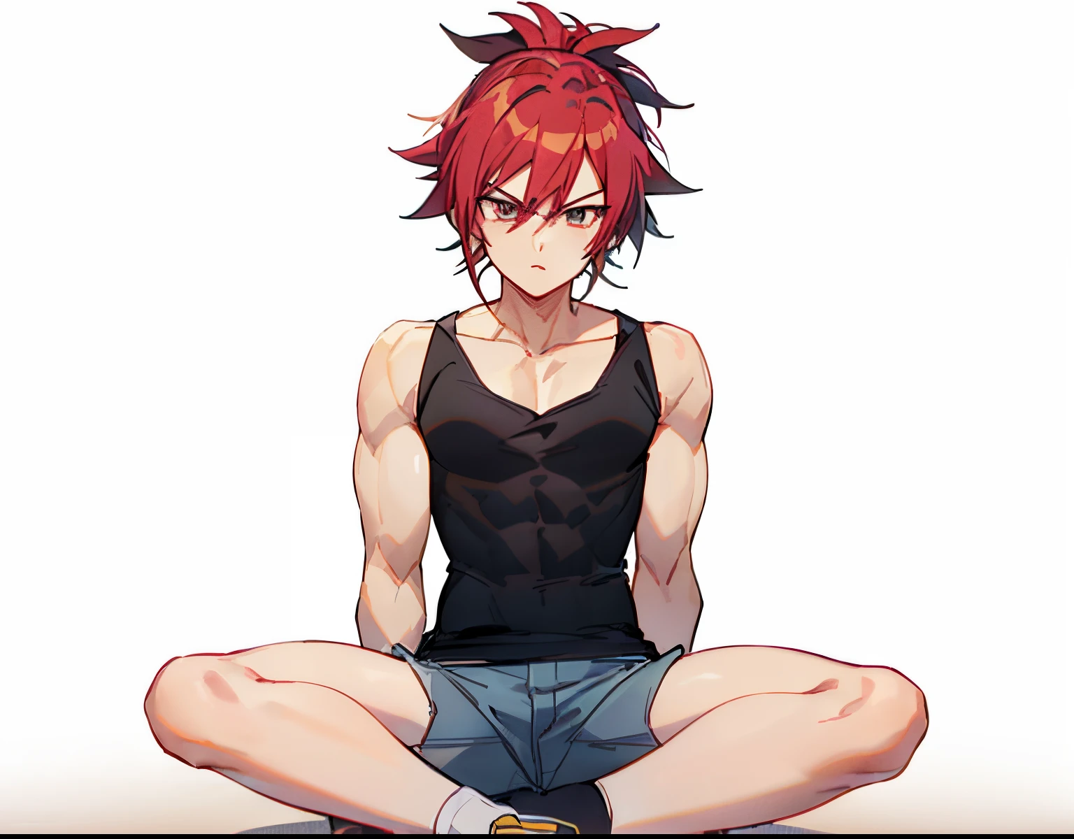 Red haired anime boy sitting on floor with legs crossed, Anime Boy, anime style character, garments:Black tank top, boy wearing denim shorts, In anime style, anime styled, Anime style, Muscular men, Knight of Zodiac Boy, short ponytail red hair, In an anime style, masculine and muscular, Bare arms, Bare shoulders,