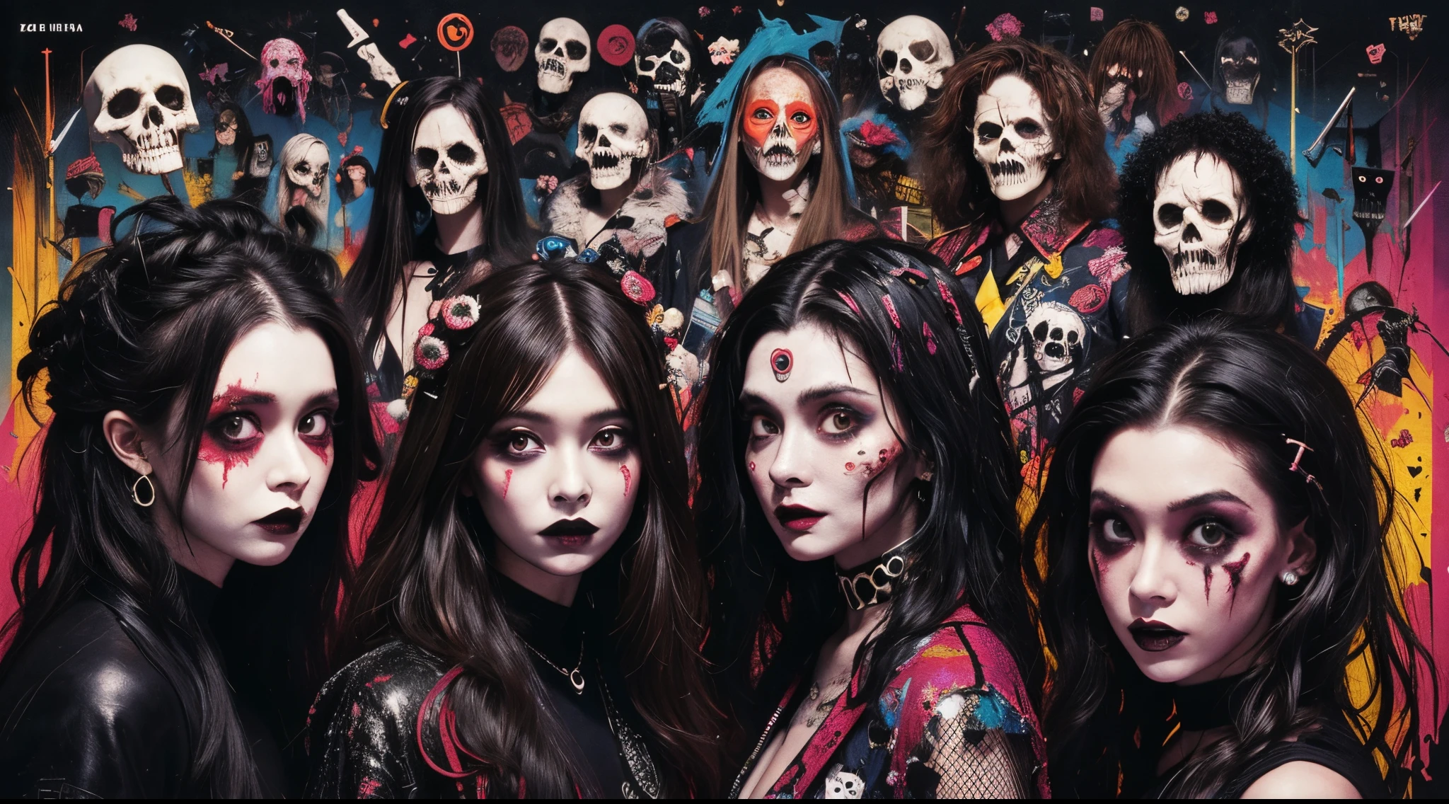 Horde of scary hair zombies from the 1980s, In the style of vibrant album cover art, 80'magnifica, glam death, uhd image, Exuberant