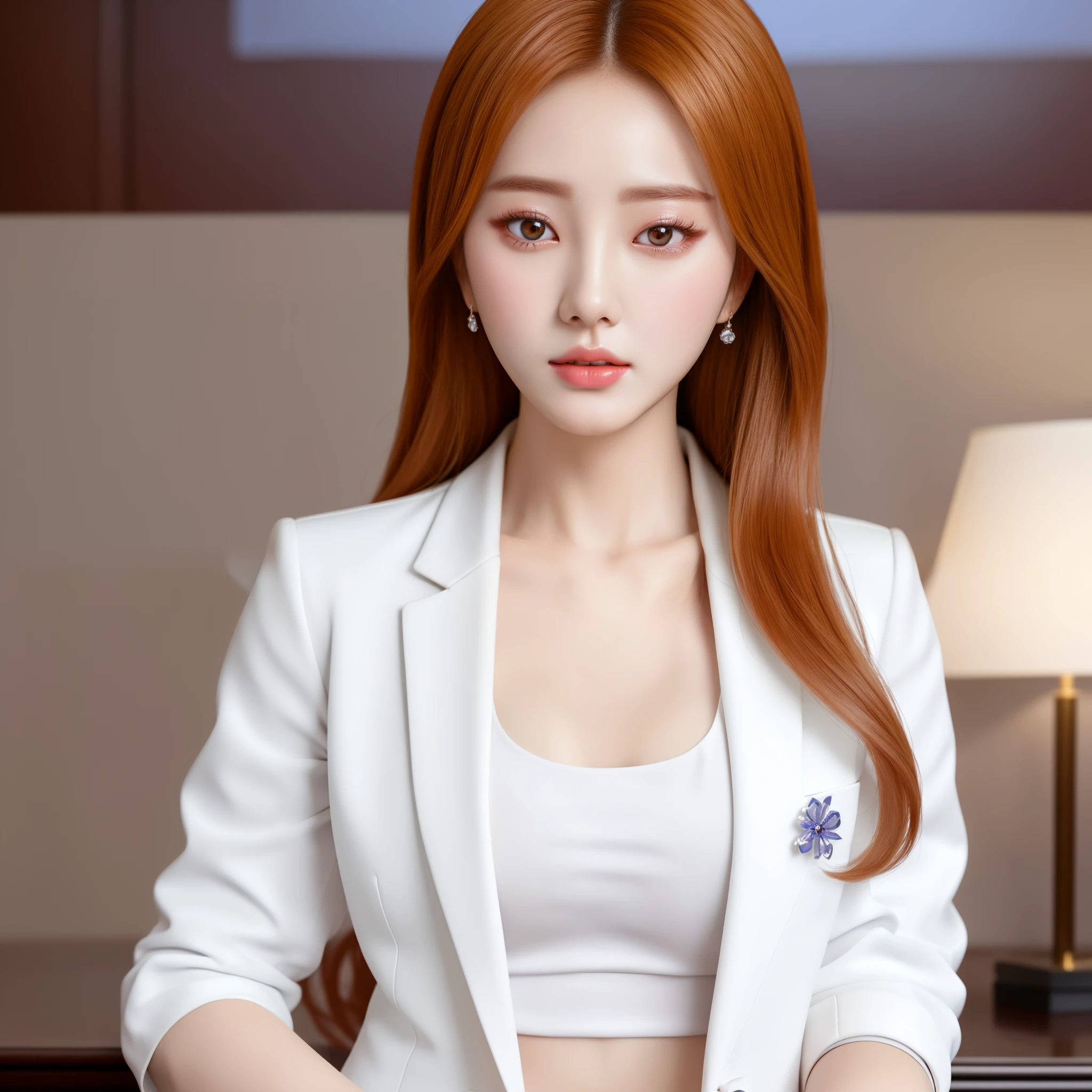 There is a woman wearing a white jacket and a white top, Stylish white skinny suit, Korean girls, realistic anime 3D style, Inspired by Shen Si Zheng, beautiful Korean women, gorgeous young korean woman, realistic person, korean woman, digital art - w 640, digital art of an elegant, perfect android girl, Portrait of a Korean female idol