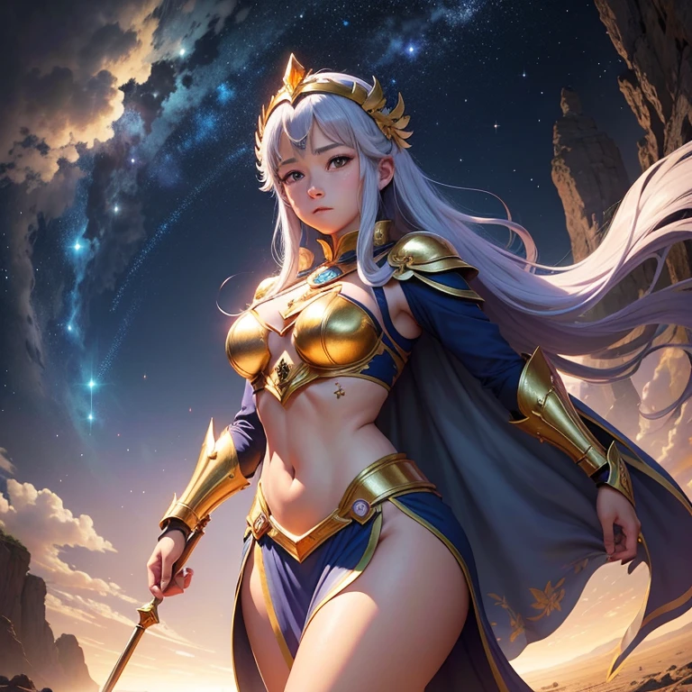 uma imagem da Saori Kido, a Deusa Athena, uma mulher athletic body in its golden armor, corpo inteiro, seios grande, rosto detalhado, corpo perfeito, holding your spear and protecting your warriors. Ela deve estar em uma pose majestosa e confiante, com um olhar determinado em seu rosto. O fundo da imagem deve ser uma paisagem celestial, com estrelas brilhantes e nuvens suaves. Por favor, use vibrant colors and rich details to bring the image to life
