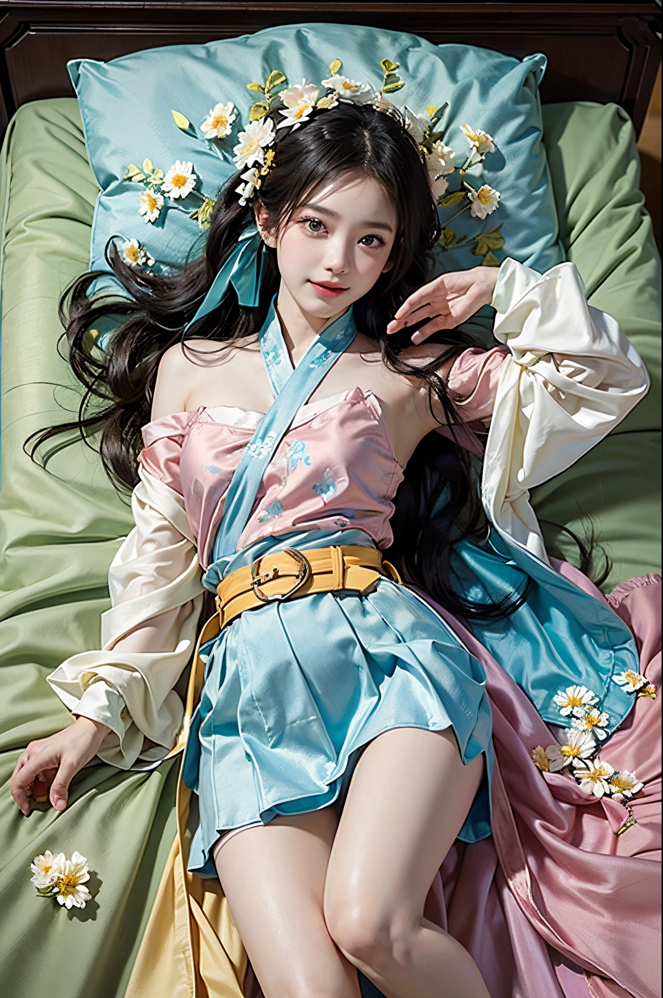 ((full body)), RAW photogr，18 year old sexy model, Cute young girl, messy  hair，Smiled shyly, curlies, golden hair, (Hanfu), (white colors, in pink, amarelo, cyan colors), ((White flower hanfu, draped in silk, cropped shoulders, high-waist, nice belt)), (white colors, Light yellow), on top of the bed, posed for photo, Nice, Full, Lift the skirt, slender leg, posing elegantly, posed for photo, Surprising detail，The is very detailed, Smooth skin, a warm color palette, best qualtiy, The is very detailed, the detail, (actual:1.7),((Best quality at best)),absurd res,(超高分辨率),(realisticlying:1.6),realisticlying,octaneratingrendering,(Hyper-realistic:1.2), (photorealiscic face:1.2), (8K), (4K), (tmasterpiece),(realistic skin textures)