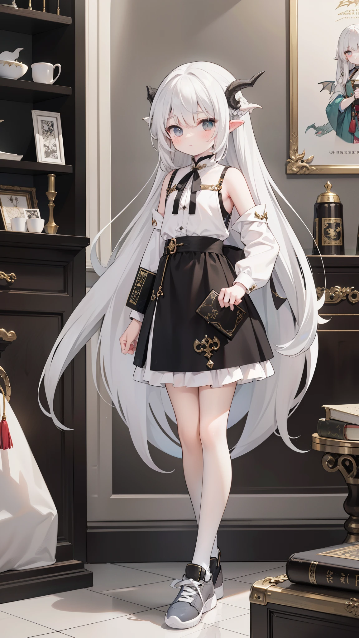 White shoulder-length hair，Long gray hair，((Dragon horn has only one side))，Small under the chest，arknight，((Handsome clothes)), Has gray eyes，Kuwait，magic book，There is a ribbon on the back，Card fanny pack，White stockings，athletic sneakers，foot ring，bangle，Card rack,16 yaers old，Kangjie，Dragon tail