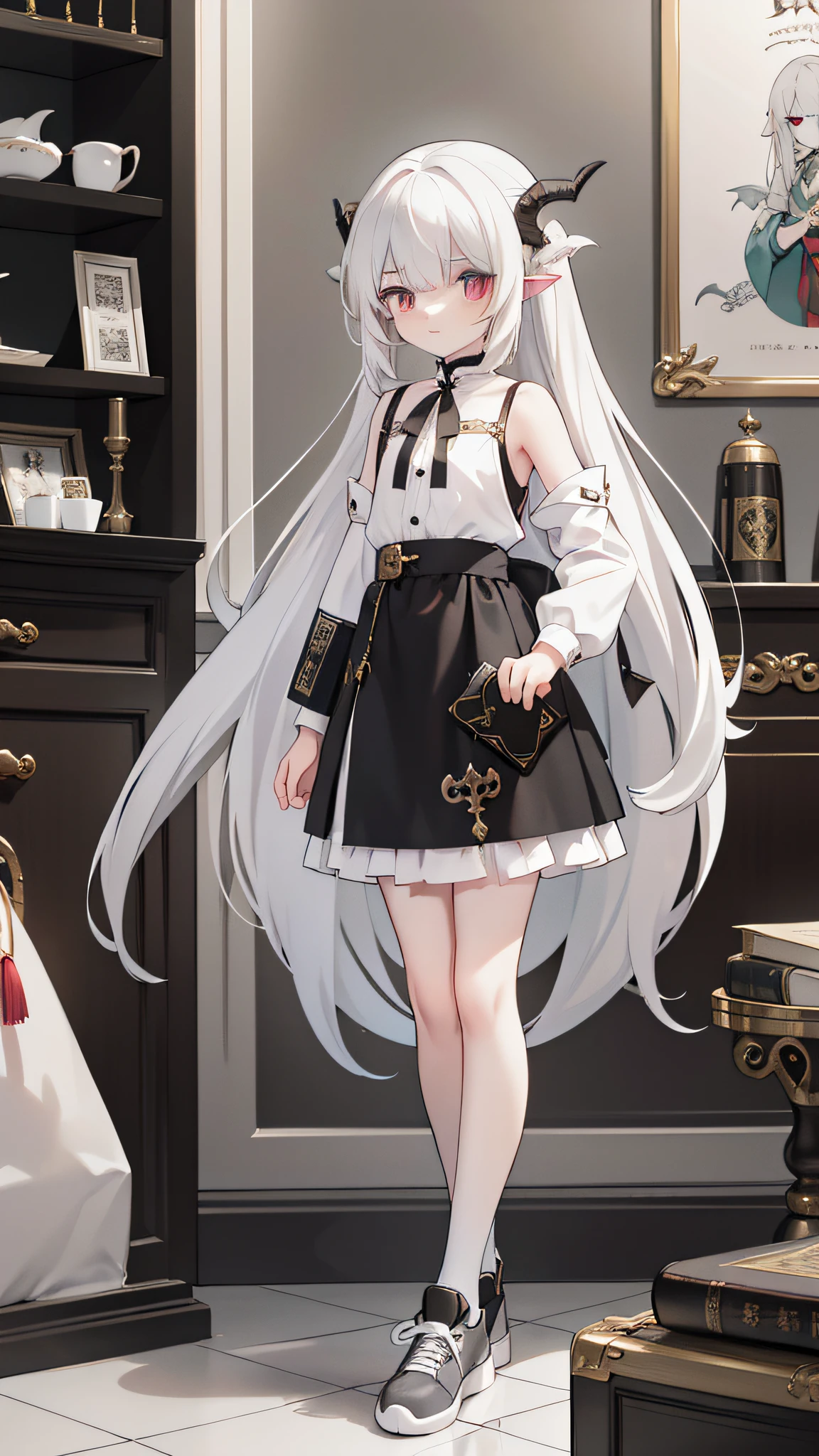 White shoulder-length hair，Long gray hair，((Dragon horn has only one side))，Small under the chest，arknight，((Handsome clothes)), Has gray eyes，Kuwait，magic book，There is a ribbon on the back，Card fanny pack，White stockings，athletic sneakers，foot ring，bangle，Card rack,16 yaers old，Kangjie，Dragon tail