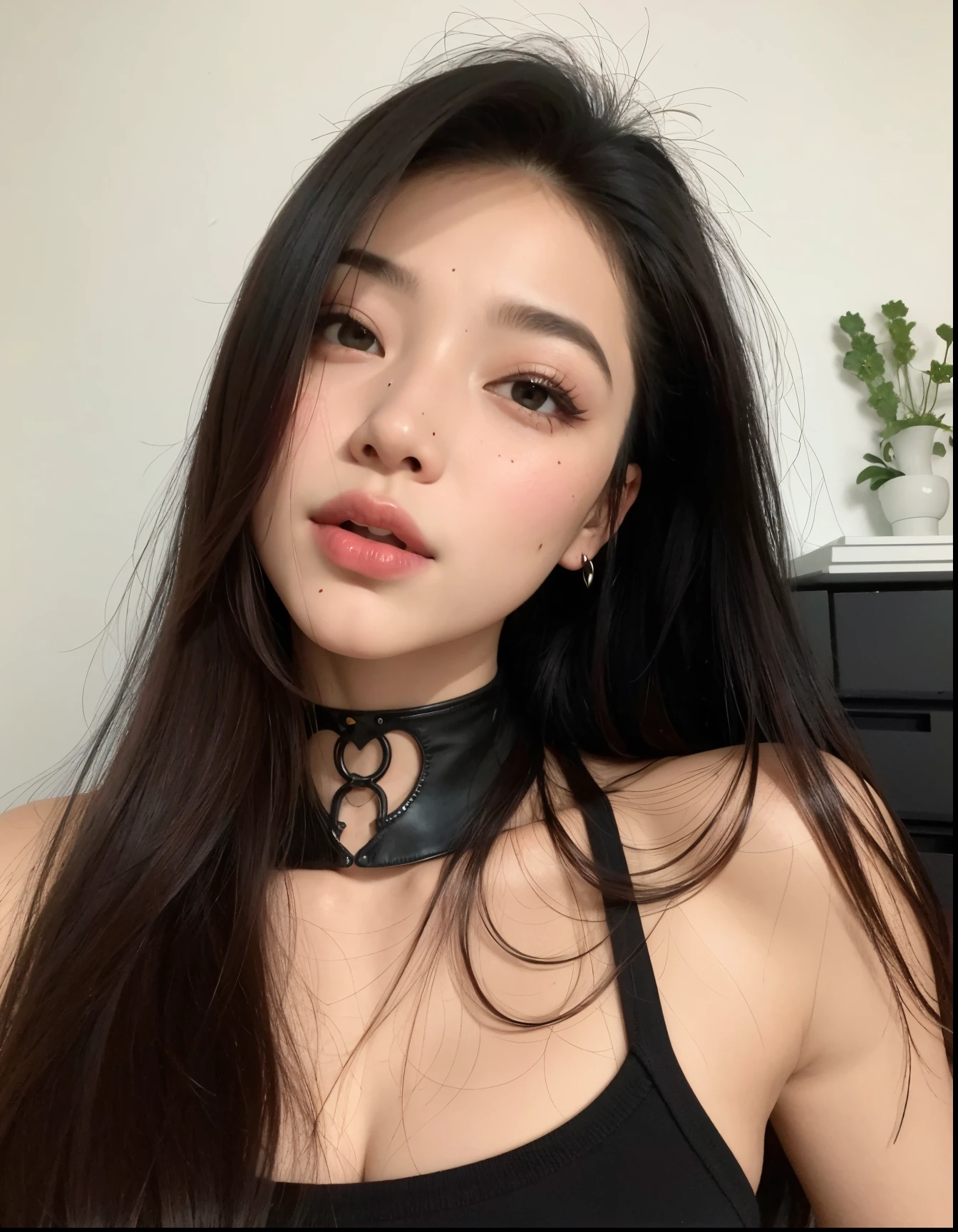 um close up de uma mulher com longos cabelos pretos usando um top preto, cruel korean goth girl, Ulzzang, pale goth beauty, menina coreana, maquiagem sul-coreana popular, maquiagem coreana popular, goth girl aesthetic, Mulher sul-coreana bonita, pale skin and dark eyes, com olhos esclerais pretos, Heonhwa Choe, com olhos negros, com preto