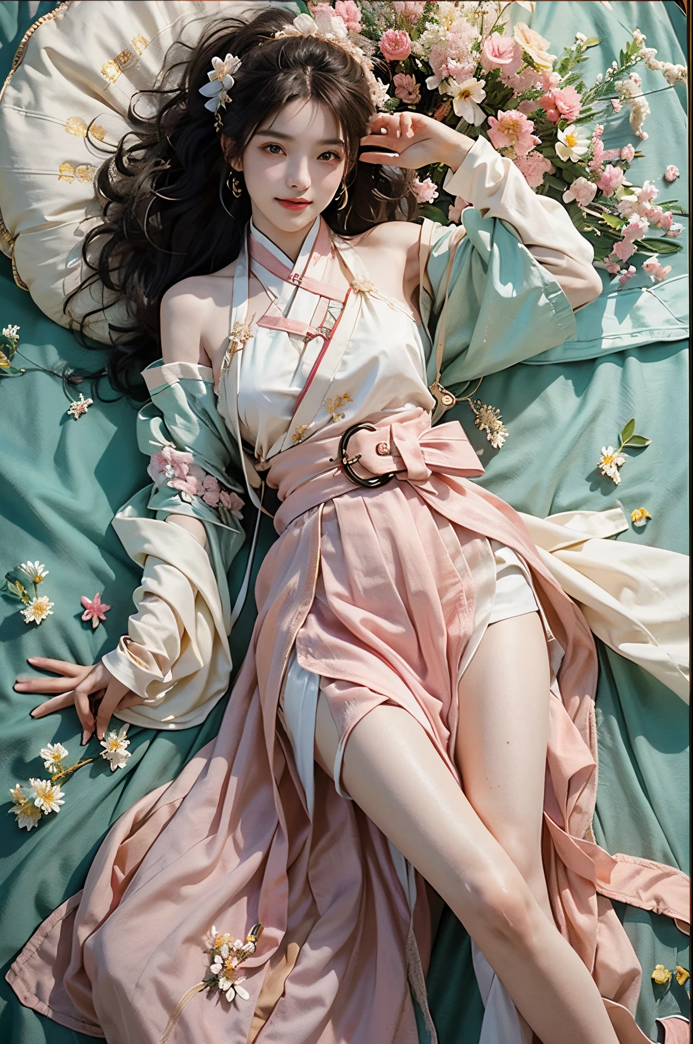 ((full body)), RAW photogr，18 year old sexy model, Cute young girl, messy  hair，Smiled shyly, curlies, golden hair, (Hanfu), (white colors, in pink, amarelo, cyan colors), ((White flower hanfu, draped in silk, cropped shoulders, high-waist, nice belt)), (white colors, Light yellow), on top of the bed, posed for photo, Nice, Full, Lift the skirt, slender leg, posing elegantly, posed for photo, Surprising detail，The is very detailed, Smooth skin, a warm color palette, best qualtiy, The is very detailed, the detail, (actual:1.7),((Best quality at best)),absurd res,(超高分辨率),(realisticlying:1.6),realisticlying,octaneratingrendering,(Hyper-realistic:1.2), (photorealiscic face:1.2), (8K), (4K), (tmasterpiece),(realistic skin textures)