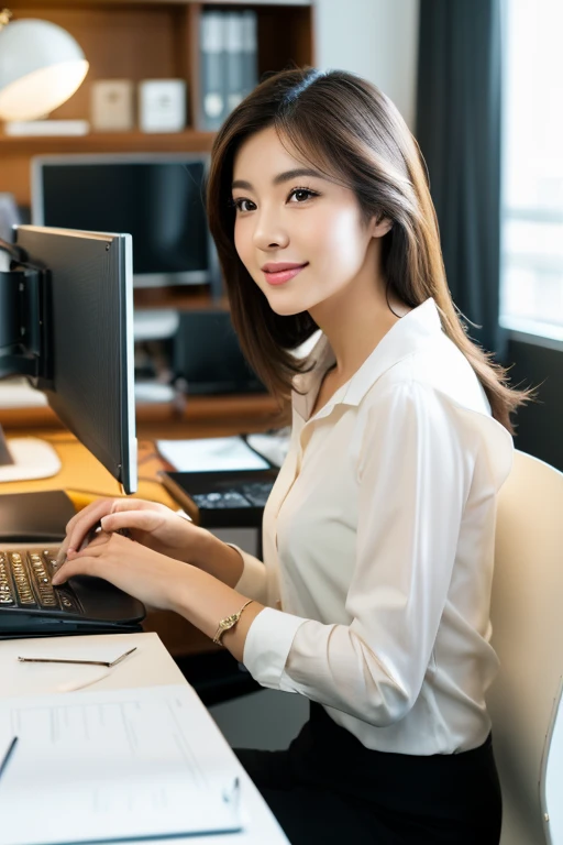 A young working woman,Sweet and lovely。Qingxiu had a smile on her face,Confident and amiable。Wearing a white shirt and black trousers,Feet on black high heels。She stared intently at the computer screen,Hair gently caged behind the ear。The sun is shining outside the window,The room was bright。