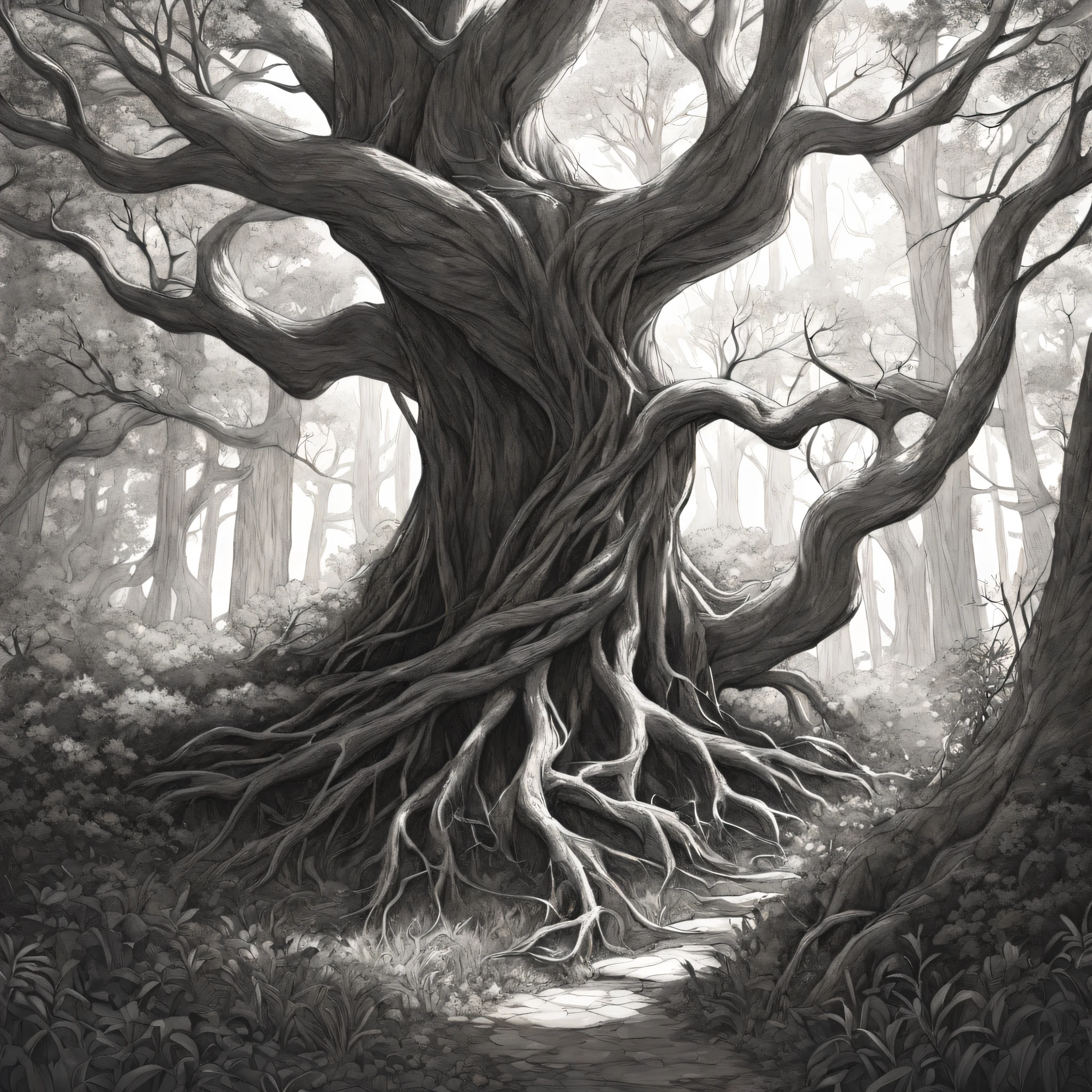 (best quality,4k,8k,highres,masterpiece:1.2),(ultra - detailed)，(realisticlying：1.37).illustratio，(pencil drawing)，black andwhite,ln the forest，(line art)，organic lines，crooked branches，hidden path，dense foliage，Twisted vines，Intertwined tree trunks，Ethereal atmosphere，game of light and shadow，Subtle gradients、Gradient shadows、Mottled sunlight、tree crown、forest floor、bark texture、Details of leaves and branches、Fine lines、stroke technique、(Sketch-like texture)。Cover art with light abstraction, Abstract, (Simple vector art),  (Hierarchical form).