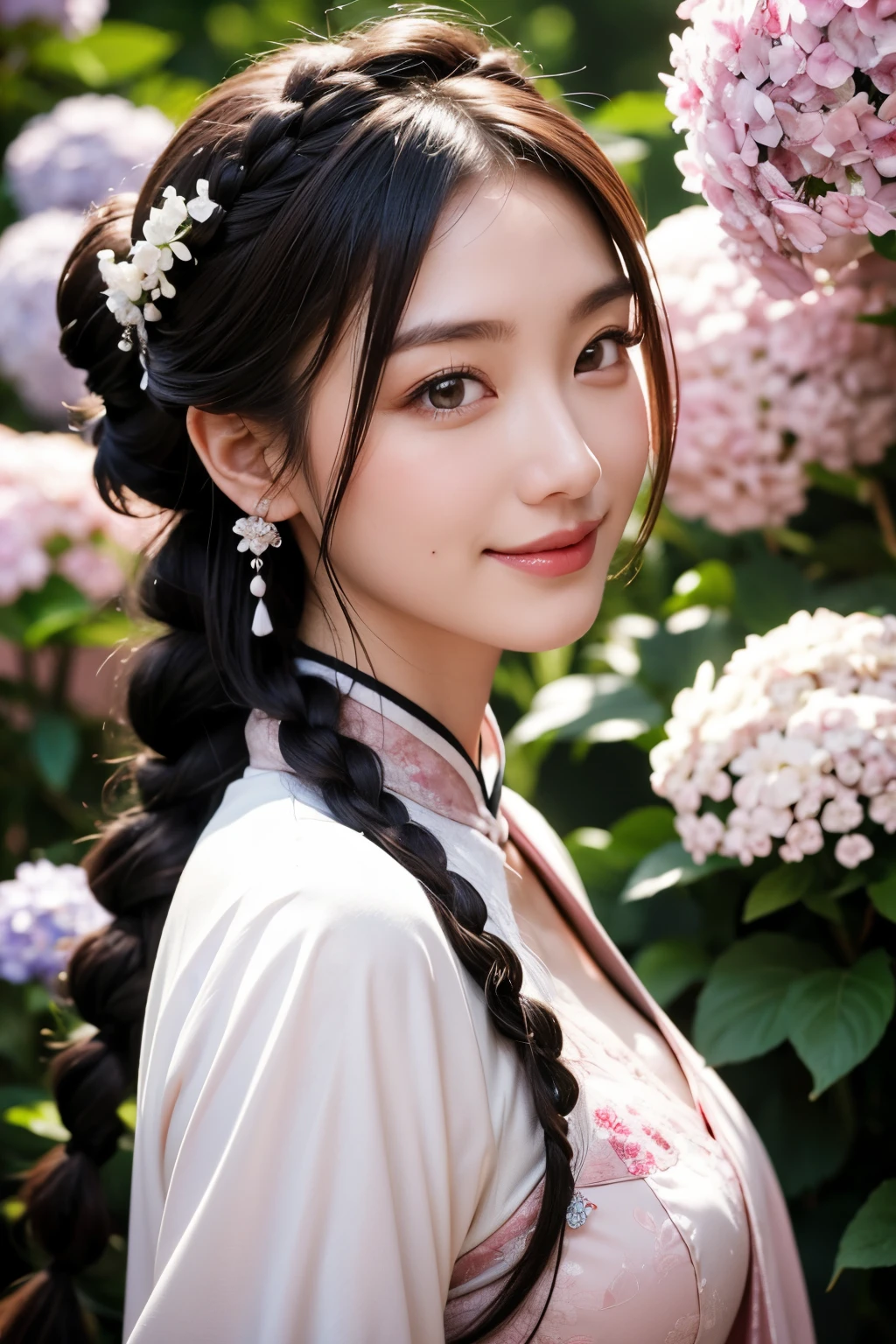 masutepiece, best, Night, fullmoon, 1 female, Mature Woman, Chinese style, Ancient China, Older sister, Royal sister, Smile, dark brown hair, Dark hair, Princess Cut, braid, Curly hair, Double ball head, pale pink lips, Calm, Intellectual, Medium Hair, green pupils, Hairpin, hydrangeas, Delicate face, Face Close-up, Hand close-up