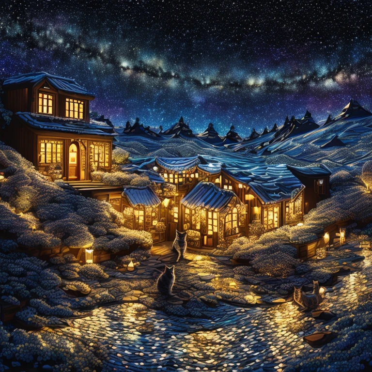 (illustration of cat:1.4), allure of starry night sky with myriad of twinkling stars, constellations, Milky Way, window art, glass painting, transparent designs, colorful patterns, light-filled displays, creative installations, temporary creations, (best quality, masterpiece, Representative work, official art, Professional, unity 8k wallpaper:1.3)