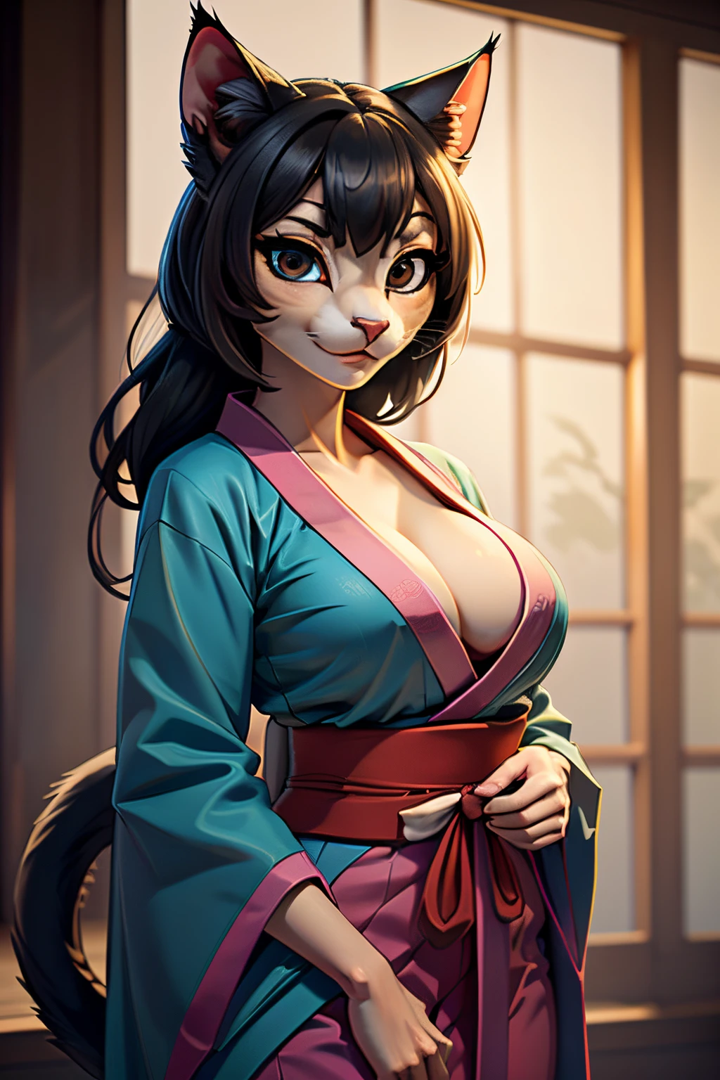 ((ultra quality)), ((tmasterpiece)), Girl-khajiit, Japanese woman, anthro cat, furry cat, ((long beautiful black hair)), ((there are only cat ears, no others)), ((there is a cat&#39;s short tail in the back)), ((Face Clean)), Beautiful cute face, beautiful female lips, charming beauty, ((seductive facial expression)), looks tenderly at the camera with his eyes slightly closed, ((skin color blue)), ((blue wool)), Body glare, ((detailed beautiful female eyes)), ((dark brown eyes)), beautiful female hands, ((perfect female figure)), ideal female body shapes, Beautiful waist, big thighs, Beautiful butt, ((Subtle and beautiful)), seductively stands hands together, ((geisha clothes, sexy pink kimono, sexy cleavage), background: 19th century Japan, Traditional Japanese House, ((Depth of field)), ((high quality clear image)), ((crisp details)), ((higly detailed)), Realistic, Professional Photo Session, ((Clear Focus)), ((cartoon)), the anime, NSFW