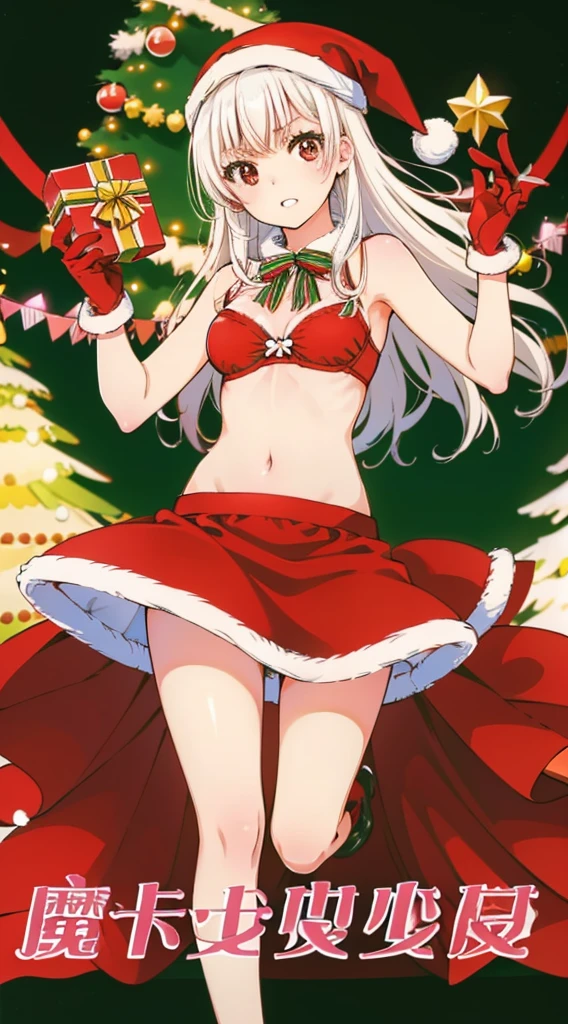 masterpiece, best quality, 1 solo girl, white hair, black eyes, long hair, wavy hair, Christmas ornaments, medium breasts, mature body and face, red christmas dress, christmas, christmas light, christmas tree, red gloves, red santa skirt, holding gift, red bra, red panty, leg up, cowboy shots, sexy pose, dakimakura, detailed body, face, and eyes, sharp focus, vibrant, creative, dynamic, high definition, high resolution, 8k, (Upscale: R-ESRGAN 4x+ Anime6B), (Image enchance:4x), voluptuous body