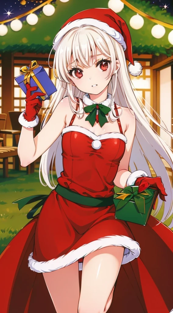 masterpiece, best quality, 1 solo girl, white hair, red eyes, long hair, wavy hair, Christmas ornaments, medium breasts, mature body and face, red christmas dress, christmas, christmas light, christmas tree, red gloves, red santa skirt, holding gift, red bra, red panty, leg up, cowboy shots, sexy pose, dakimakura, detailed body, face, and eyes, sharp focus, vibrant, creative, dynamic, high definition, high resolution, 8k, (Upscale: R-ESRGAN 4x+ Anime6B), (Image enchance:4x), voluptuous body