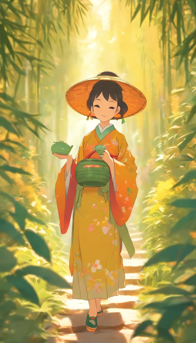 【illustration】A girl picking tea(The composition of the characters is small)。Beautiful and cute tea picking girl(traditional student clothing),Go to tea mountains to pick tea;Carrying a small bamboo basket,Wearing a straw hat。Tea picking girl;Tea plantation in the background,Yunshan is far away。hyper HD, retinas, tmasterpiece, Acura, Anatomically correct, Award-Awarded, high high quality, high detal, super detailing, ctextured skin, Best quality, A high resolution, 1080p, k hd, 4K, 8K, 16k。