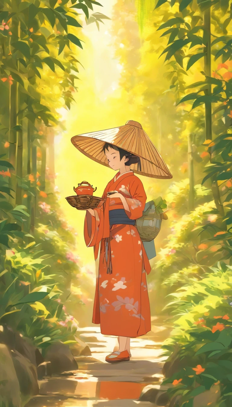 【illustration】A girl picking tea(The composition of the characters is small)。Beautiful and cute tea picking girl(traditional student clothing),Go to tea mountains to pick tea;Carrying a small bamboo basket,Wearing a straw hat。Tea picking girl;Tea plantation in the background,Yunshan is far away。hyper HD, retinas, tmasterpiece, Acura, Anatomically correct, Award-Awarded, high high quality, high detal, super detailing, ctextured skin, Best quality, A high resolution, 1080p, k hd, 4K, 8K, 16k。