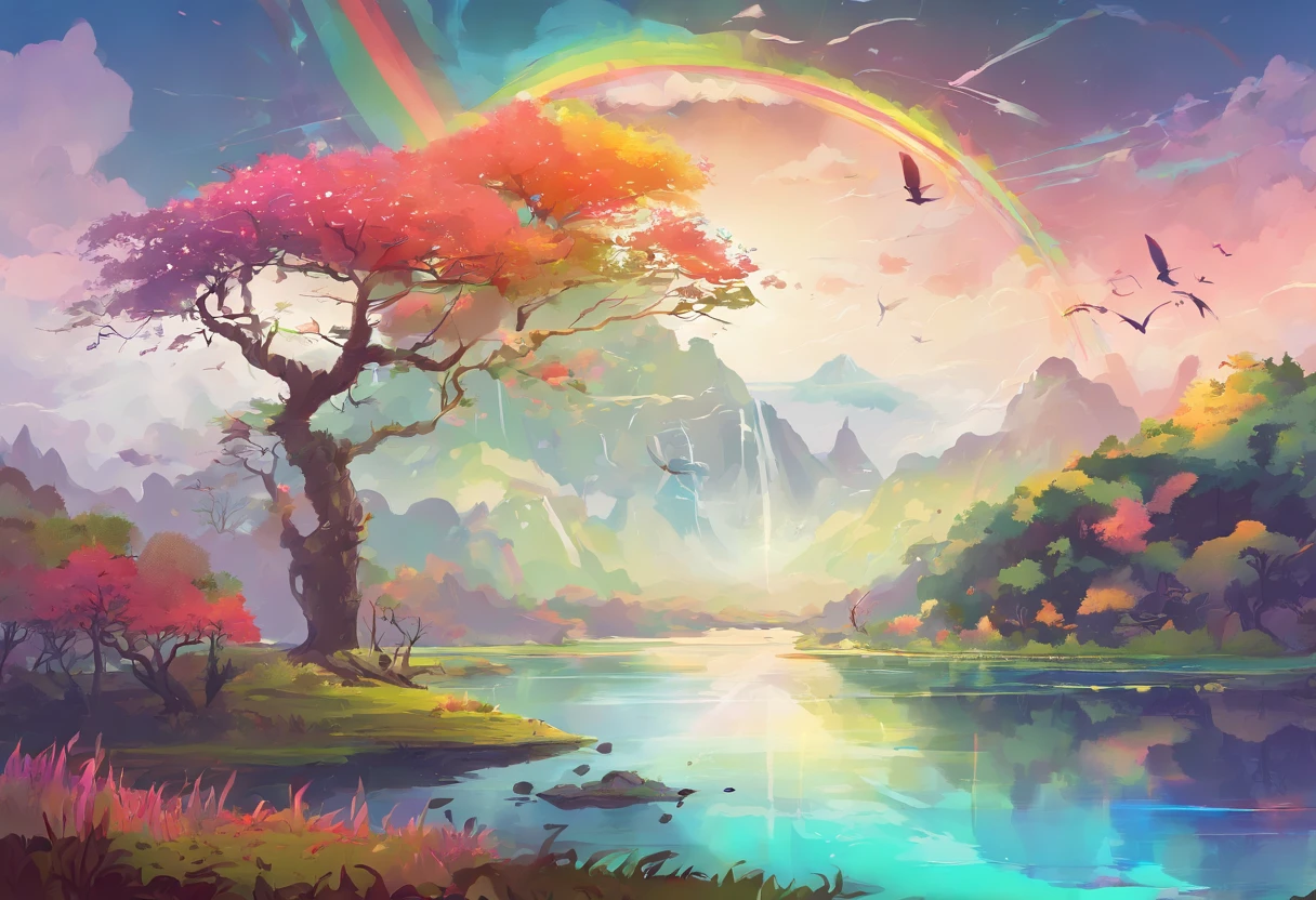 ((A rainbow appears in the sky after it rains)),baiyun, After the rain, Calm lake, Inverted image, Tree contours, Birds fly, freshen, Magical, Beautiful natural scenery