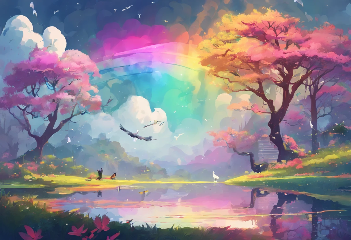 ((A rainbow appears in the sky after it rains)),baiyun, After the rain, Calm lake, Inverted image, Tree contours, Birds fly, freshen, Magical, Beautiful natural scenery