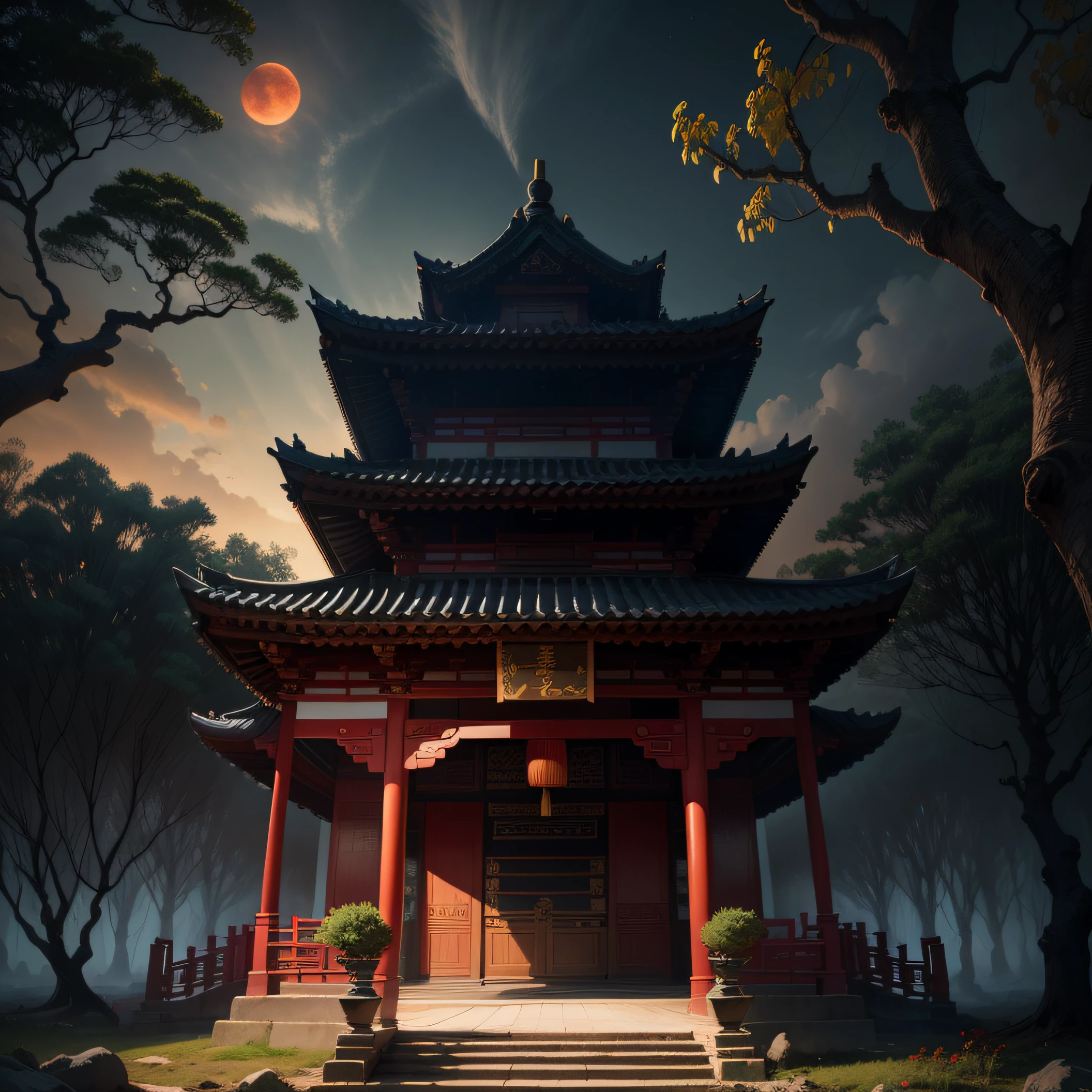 /Imagine prompt：A majestic Chinese temple is illuminated against a dark and mysterious backdrop，Intricate architectural details stand out in the red moonlight，An ancient tree surrounded by twisted branches，Evokes a sense of serenity and spirituality，photography of，，--ar 16：9 --v 5 Red flower field，Transverse