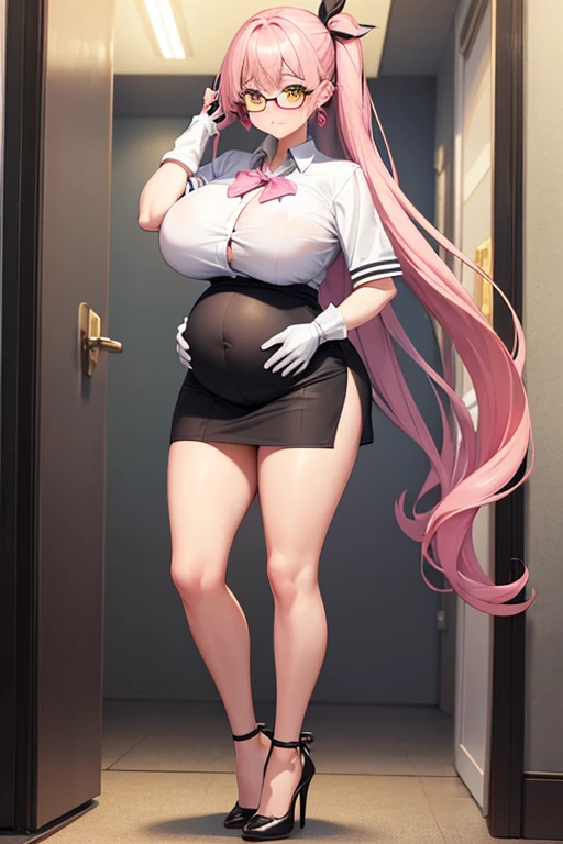 Full body girl, pregnant, huge belly, huge breasts, yellow eyes, glasses, shy, earrings, hair ribbon, long hair, side ponytail, pink hair, tsundere, embarrassed, pout, visible belly, hands on belly, very thight clothes, gloves, high heels, office uniform, unbuttoned shirt, best quality