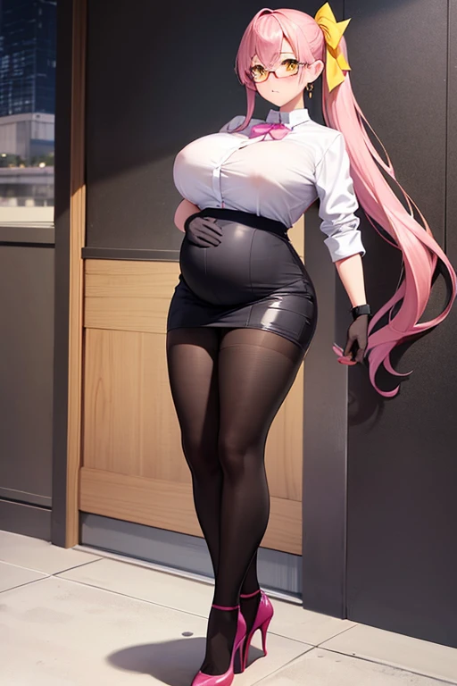 Full body girl, pregnant, huge belly, huge breasts, yellow eyes, glasses, shy, earrings, hair ribbon, long hair, side ponytail, pink hair, tsundere, embarrassed, pout, visible belly, hands on belly, very thight clothes, gloves, high heels, office uniform, unbuttoned shirt, best quality