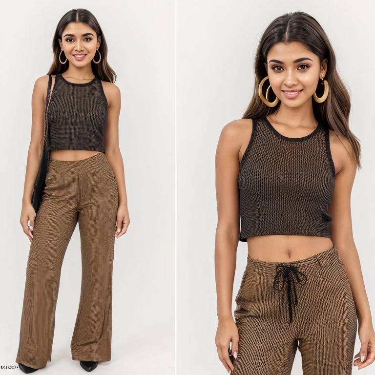 A very attractive brown skin woman ((perfect brown skin)) wearing trendy y2k style pants with side cut out ((black side cut out pants and stiped tank )) she is very beautiful with a petite figure, ((big brown eyes)) in style of trendy fashion for girls, she has hoop earings, lifelike skin texture ((detailed pupils)) a perfect face shape, ((Hyper-realistic))) ((detailed skin)) she has blonde white hair in the style of ((brown girls with blonde hair)), she is standing in a luxury white background , happy face ((warm smile)) UHD, RAW photo, 8K, a Masterpiece ((ines c dos santos )