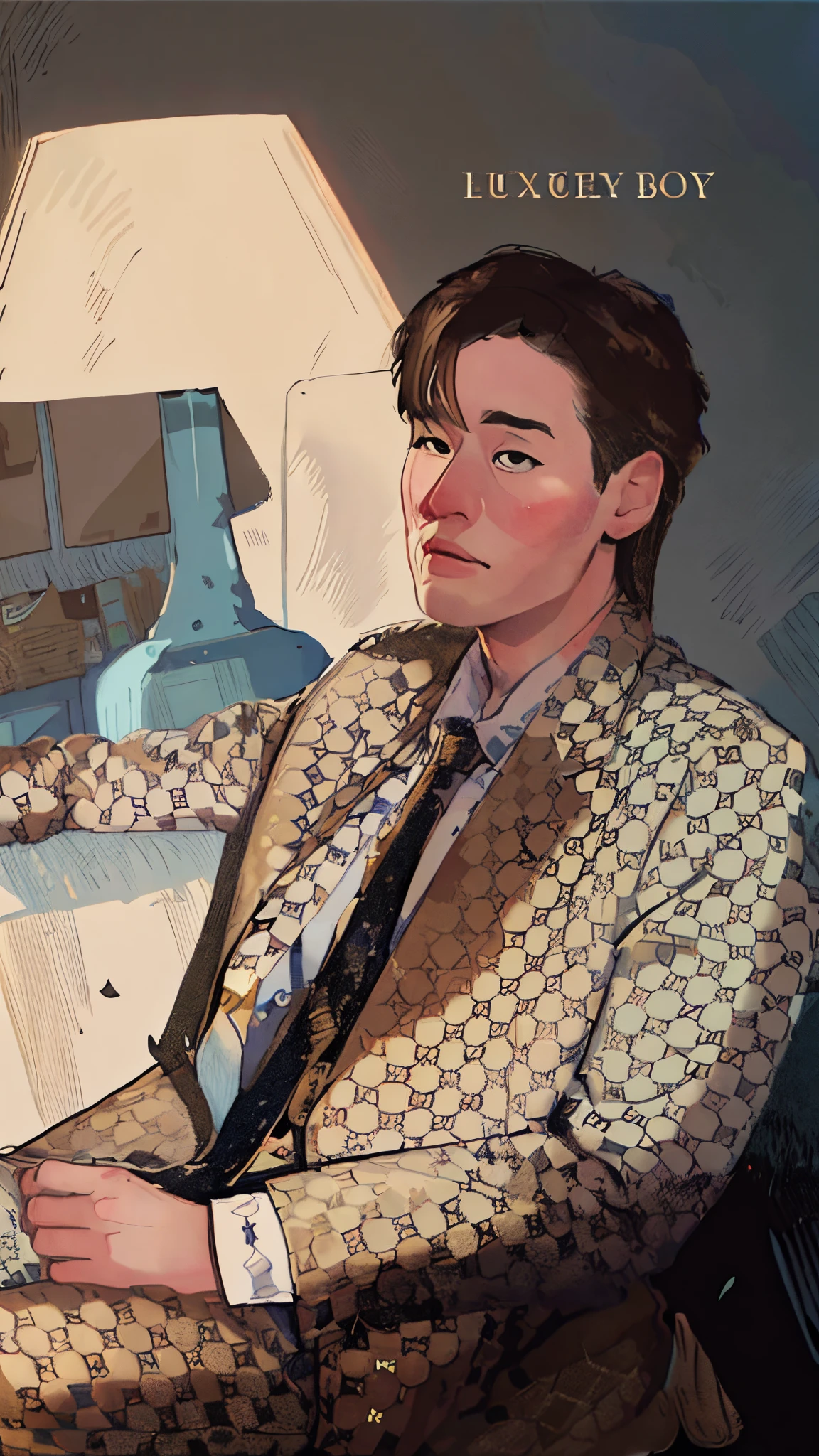 (masterpiece:1.2),illustration,lineart,texture,a man black brown hair in light brown gucci suits and trousers with brown necktie ,warm color palette,soft natural light ,detailed pencil strokes,delicate outlines,distinct shadows,subtle shading,impeccable attention to detail,highly realistic,artistic touches,vibrant and lifelike rendering,professional-level skill,colorful and textured background,warm and inviting atmosphere,peaceful and relaxed expression,sophisticated and elegant aesthetics.