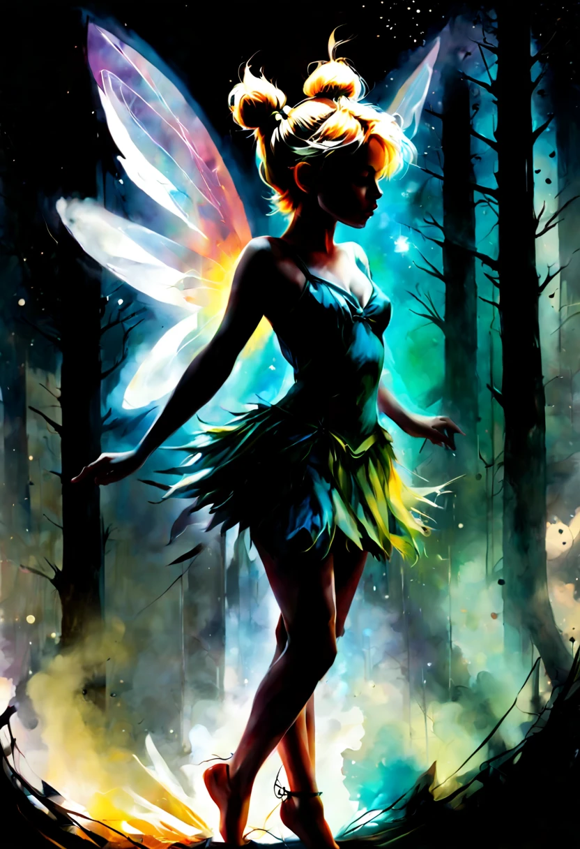 apocalypse's fairytale, pale ghostly full body young bohemian woman, messy double bun hair, flirting pose, long legs big hips, apocalyptic background, fairy lights, Rich colors,  arms back and body leaning forward, occultist, Fantasy Dream Art, smoky forest silhouette, Shadow play, by Koos Roos, Broken Glass effect, no background, stunning, something that even doesn't exist, mythical being, energy, molecular, textures, iridescent and luminescent scales, breathtaking beauty, pure perfection, divine presence, unforgettable, impressive, breathtaking beauty, Volumetric light, auras, rays, vivid colors reflects
Style by Gabriele Dell'otto, AI Midjourney, bright saturated colors, watercolor, oil paints,