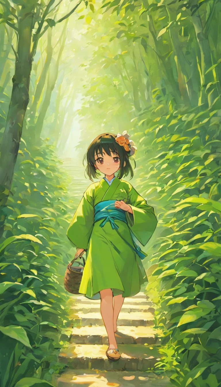 【illustration】A Chinese girl picking tea（The composition of the characters is small）。Beautiful and cute tea picking girl（traditional student clothing），Go to tea mountains to pick tea；Carrying a small bamboo basket，Wearing a straw hat。Tea picking girl；Tea plantation in the background，Yunshan is far away。hyper HD, retinas, tmasterpiece, Acura, Anatomically correct, Award-Awarded, high high quality, high detal, super detailing, ctextured skin, Best quality, A high resolution, 1080p, k hd, 4K, 8K, 16k。