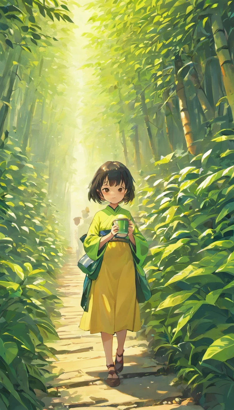 【illustration】A Chinese girl picking tea（The composition of the characters is small）。Beautiful and cute tea picking girl（traditional student clothing），Go to tea mountains to pick tea；Carrying a small bamboo basket，Wearing a straw hat。Tea picking girl；Tea plantation in the background，Yunshan is far away。hyper HD, retinas, tmasterpiece, Acura, Anatomically correct, Award-Awarded, high high quality, high detal, super detailing, ctextured skin, Best quality, A high resolution, 1080p, k hd, 4K, 8K, 16k。
