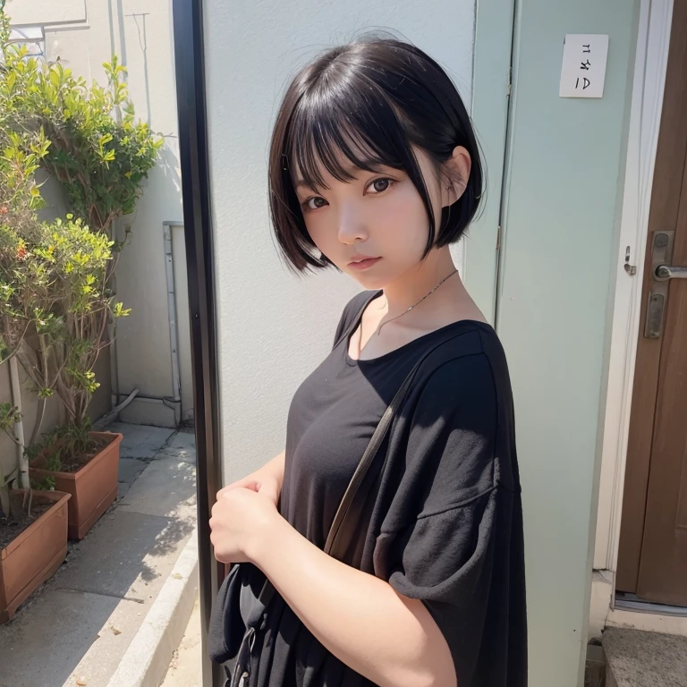 1girl in, 22year old, gradient, up looking_で_viewer, Black_hair, Solo by JM, Yoshiko Akishino, Shorthair, komono