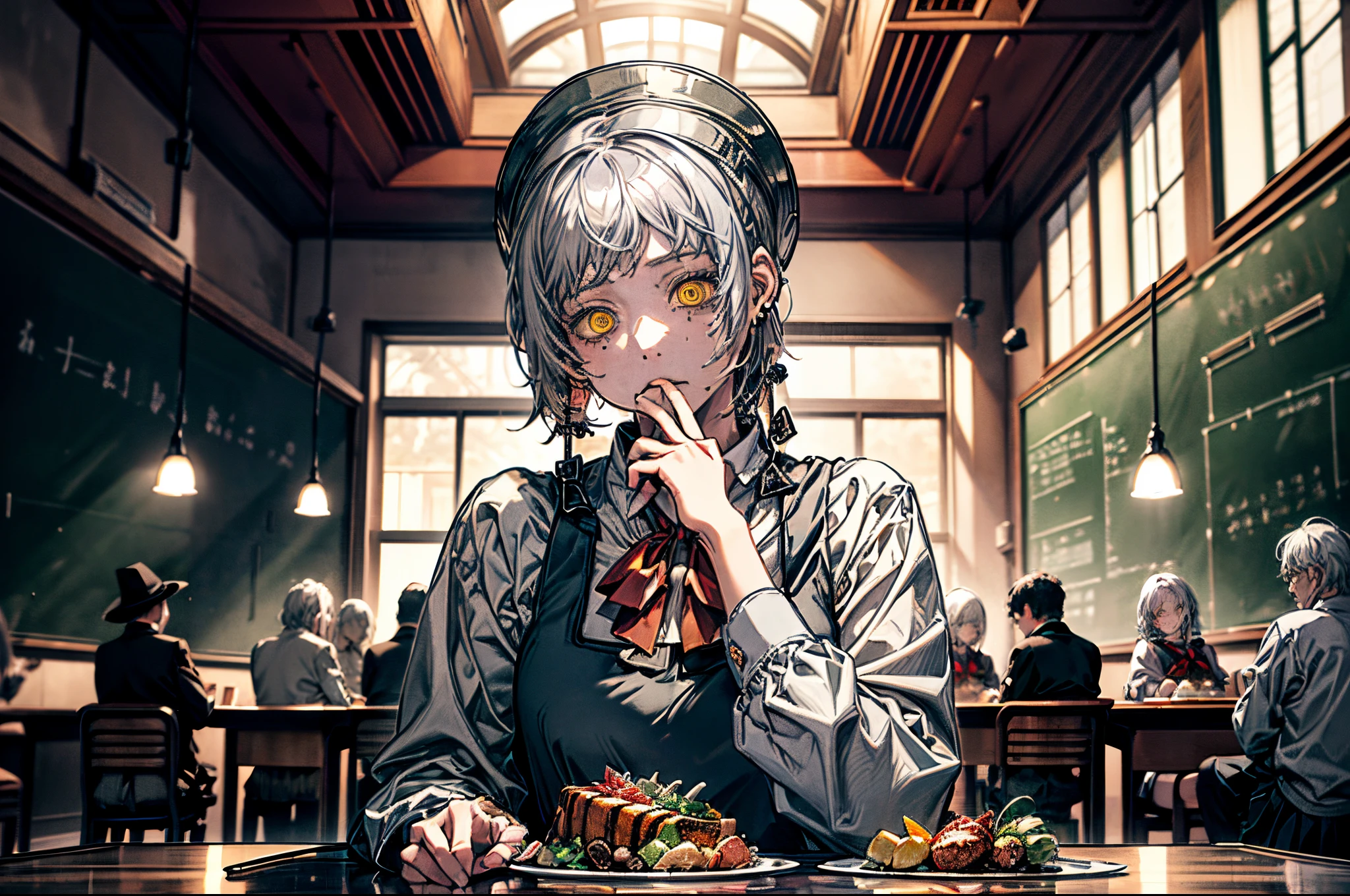 masterpiece, high quality, best quality, ultra detailed, official art, unity 8k wallpaper, beautiful and aesthetic, beautiful, (((just 1girl, grey hair, short hair, earrings, yellow eyes, red bow, school uniform, cool girl, expressionless))), solo, In a well-laid out indoor venue, refectory dining table is filled with delicacies, gloomy atmosphere, she is eating delicious cuisine with her hands, this is a masterpiece of painting, looks like  "The Last Supper" by Leonardo da Vinci, pink, kawaii, (horror), eerie, skull, in hell, creepy, demons, claws, the scales are placed on the table, best lighting