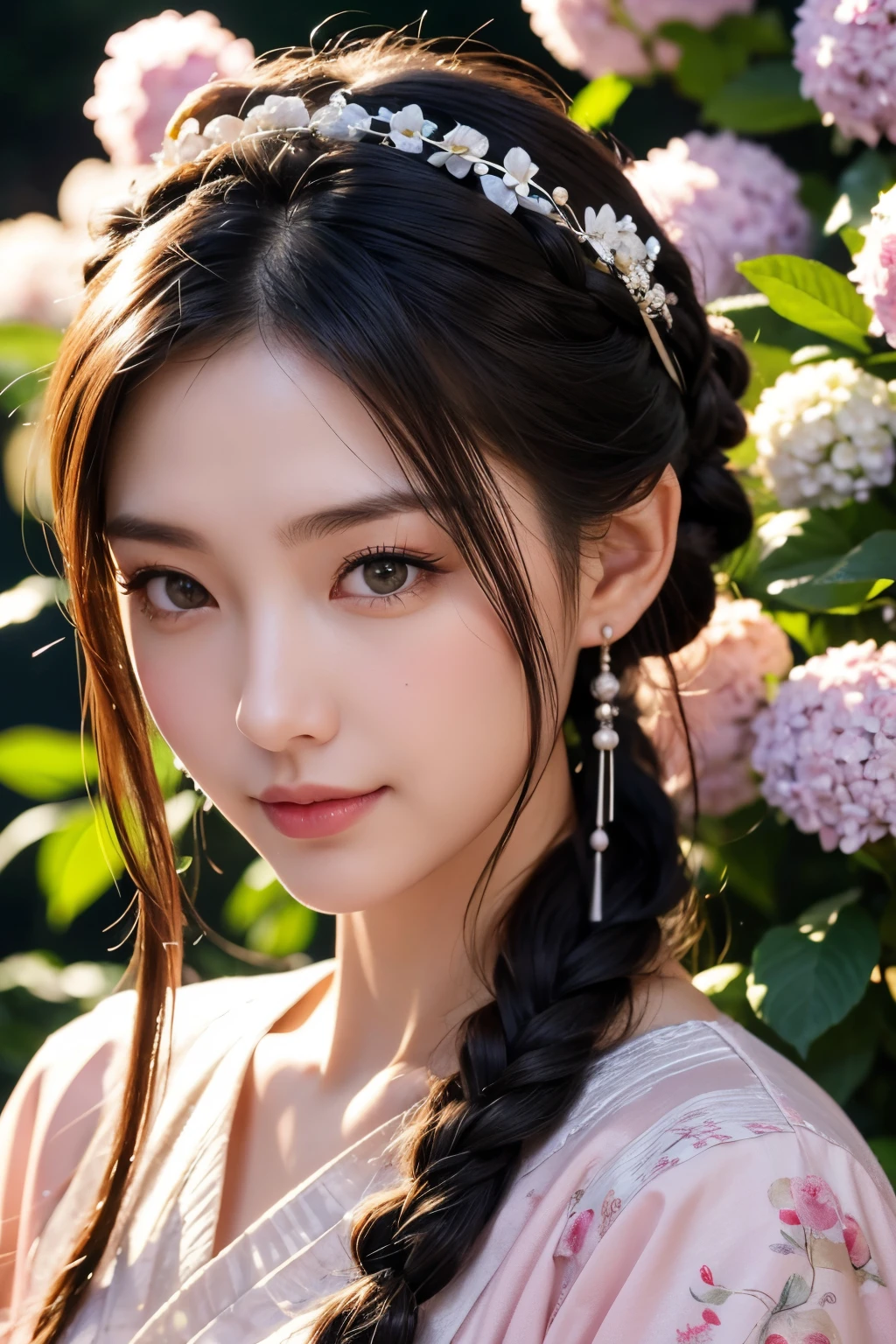 masutepiece, best, Night, fullmoon, 1 female, Mature Woman, Chinese style, Ancient China, Older sister, Royal sister, Smile, dark brown hair, Dark hair, Princess Cut, braid, Curly hair, Double ball head, pale pink lips, Calm, Intellectual, Medium Hair, green pupils, Hairpin, hydrangeas, Delicate face, Face Close-up, Hand close-up