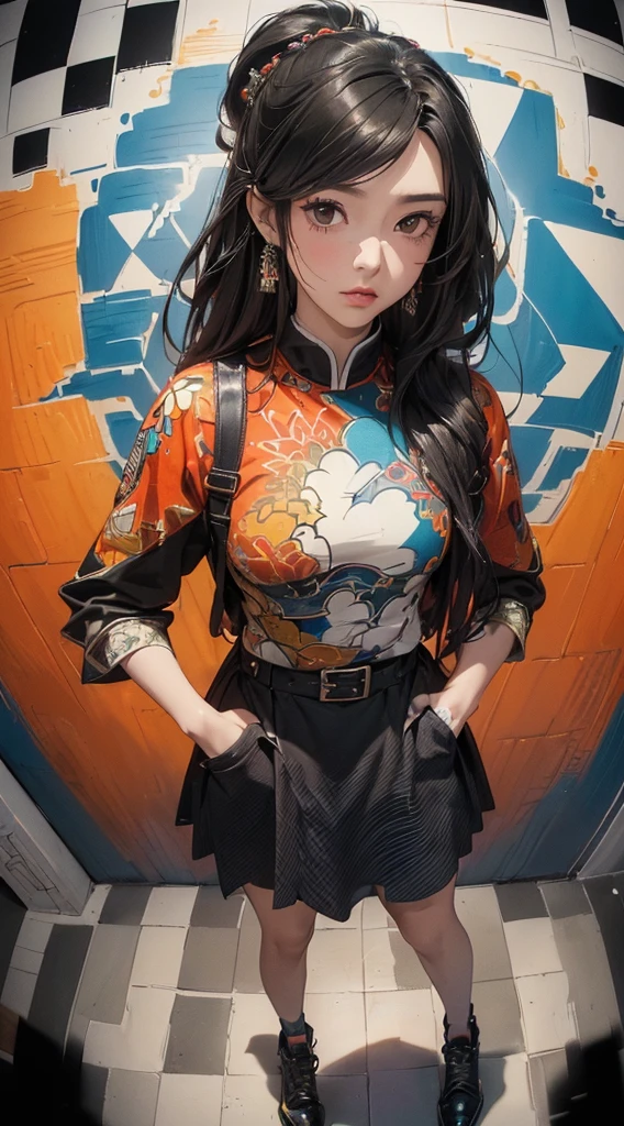 (((8k wallpaper of extremely detailed CG unit:1.2, ​masterpiece, hight resolution:1.2, top-quality:1.2, masutepiece))), ((a very beautiful woman, Hands in pockets:1.8, Grunge Fashion, Wearing a blouson, Wearing a long skirt, Wearing shoes)), ((extra detailed face, Highly detailed black eyes, extra detailed body, Top quality real texture skins)), (A dark-haired, length hair, de pele branca, Small:1.2), ((Colorful geometric patterns are painted all over the wall.., Colorful wall)), (high-angle:1.2, Fisheye:1.3), hyper realisitic, digitial painting,
