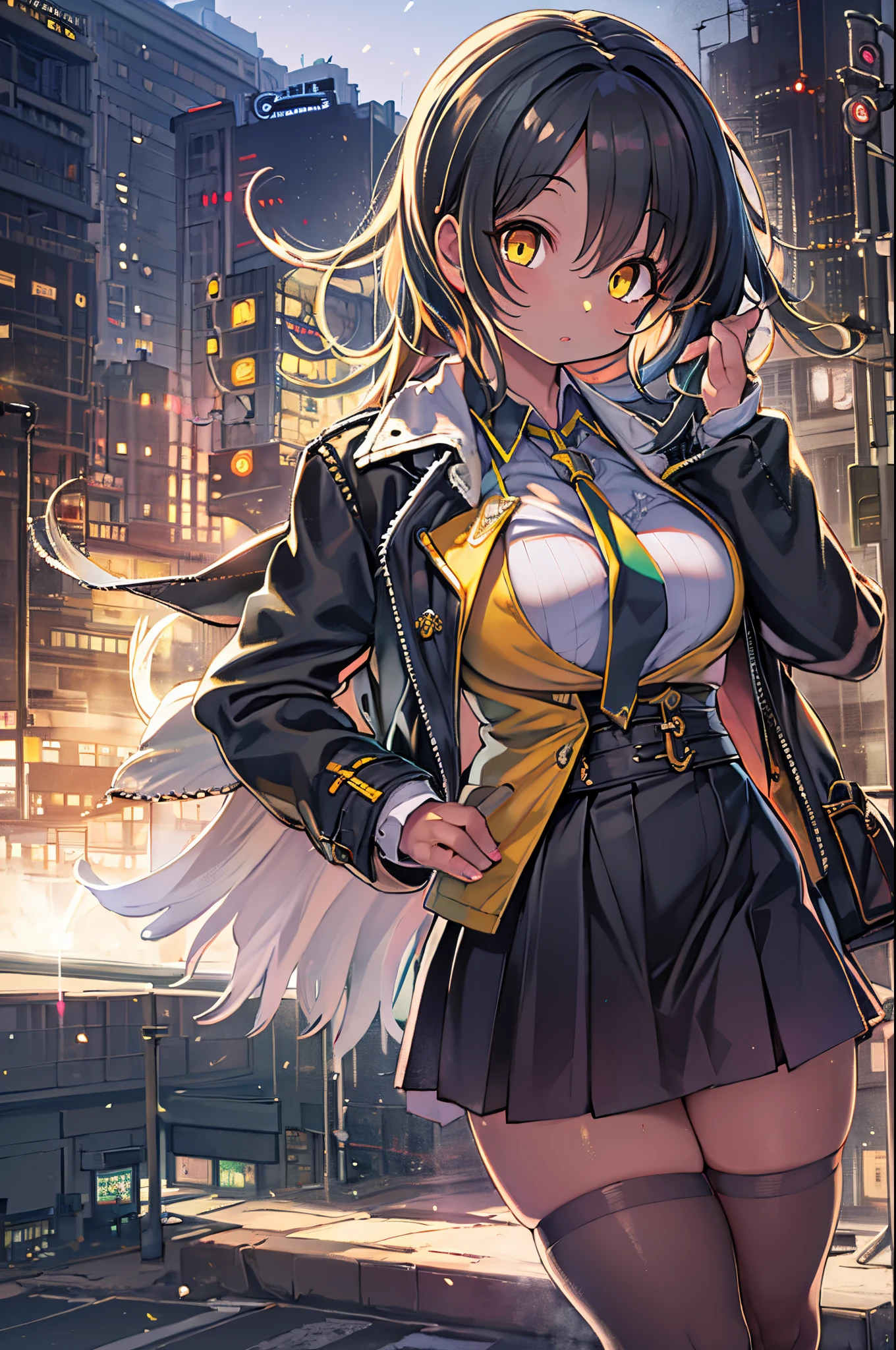1girl in, intricate detailes, masutepiece, Best Quality, ighly detailed,Cinematic lighting, Beautiful detailed glow, Dense beautiful face and eyes, 8K, Dark intense shadows, Yellow eyes, Medium Hair, Black hair, Bangs, Floating hair, Black jacket, Open jacket, White shirt, deadpan, yellow necktie, Black skirt, Spotlight, Sunshine, Sunrise, Gradient sky, city, Lens Flare, Cowboy Shot, [[Curve]], [maturefemale]