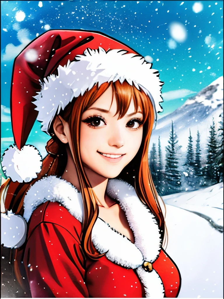 ​masterpiece、masutepiece、superior image quality、offcial art、A girl wearing a Santa costume stands、Clean face、Smirking expression、wear santa costume、FULL BODYSHOT、Snowy landscape in the background