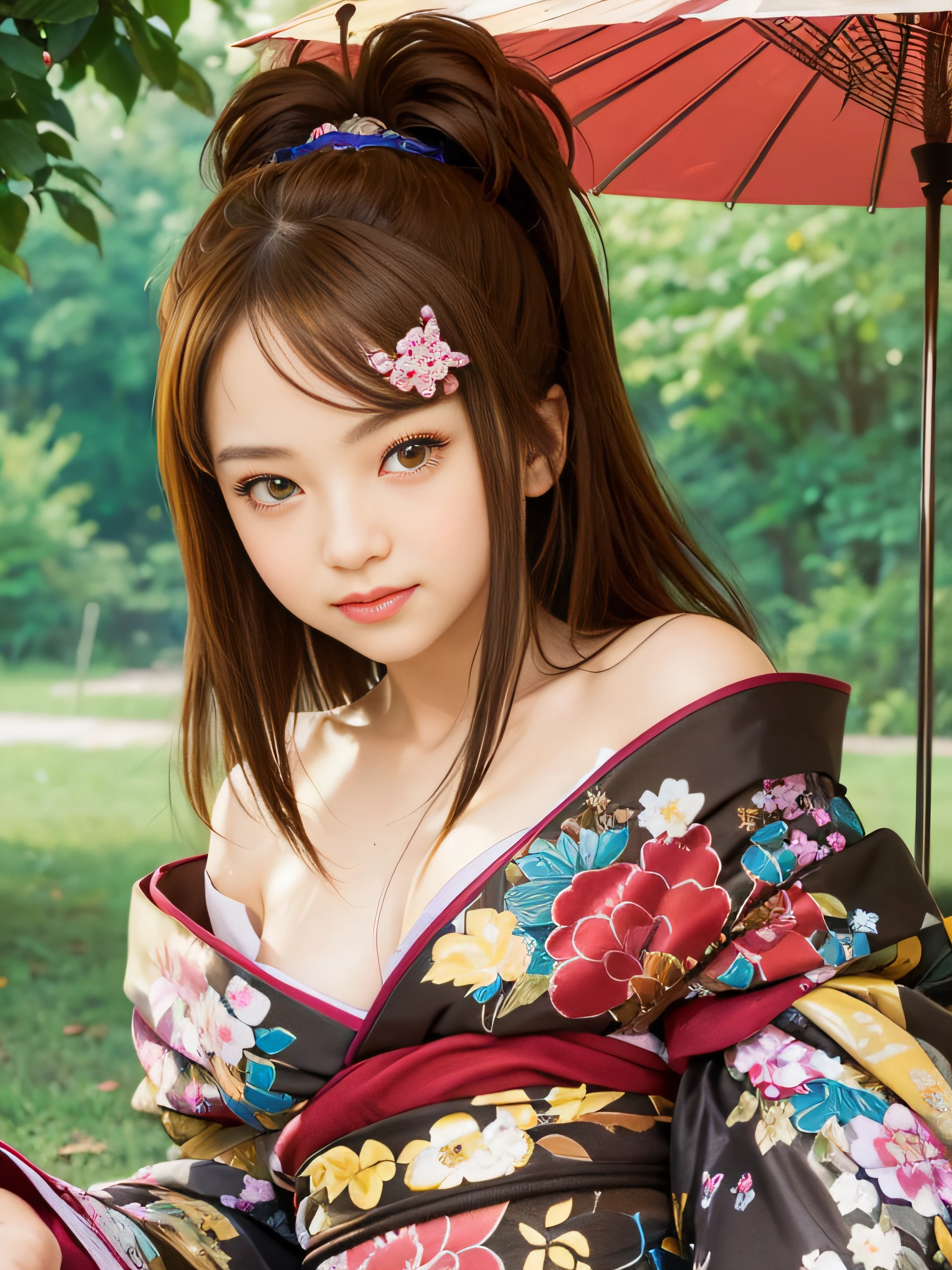 masterpiece, best quality, (realistic, photo-realistic:1.4), (RAW photo:1.2), extremely detailed CG unity 8k wallpaper, delicate and beautiful, amazing, finely detail, official art, absurdres, incredibly absurdres, huge filesize, ultra-detailed, extremely detailed, extremely detailed girl, extremely detailed eyes and face, light on face,,little smile,brown hair,(yellow eyes:1.6),short hair,wearing kimono,pink hairclip