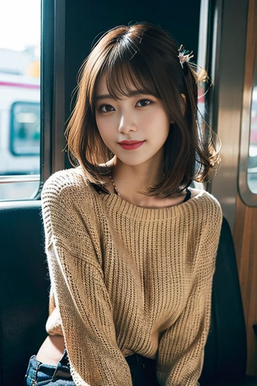 A happy smile looking at this、Colorful sweater、(8K、Raw photography、top-quality、tmasterpiece:1.2)、(hentail realism、Photorealsitic:1.37)、ultra - detailed、超A high resolution、1 rapariga、see the beholder、beautifull detailed face、A smile、zoomed out、(Slim waist) :1.3)、short-cut、Beautiful detailed skin、Skin Texture、Floating hair、Professional Lighting、Wait for the platform train、Black Frame Square Mirror 、full body Esbian、Brown hair