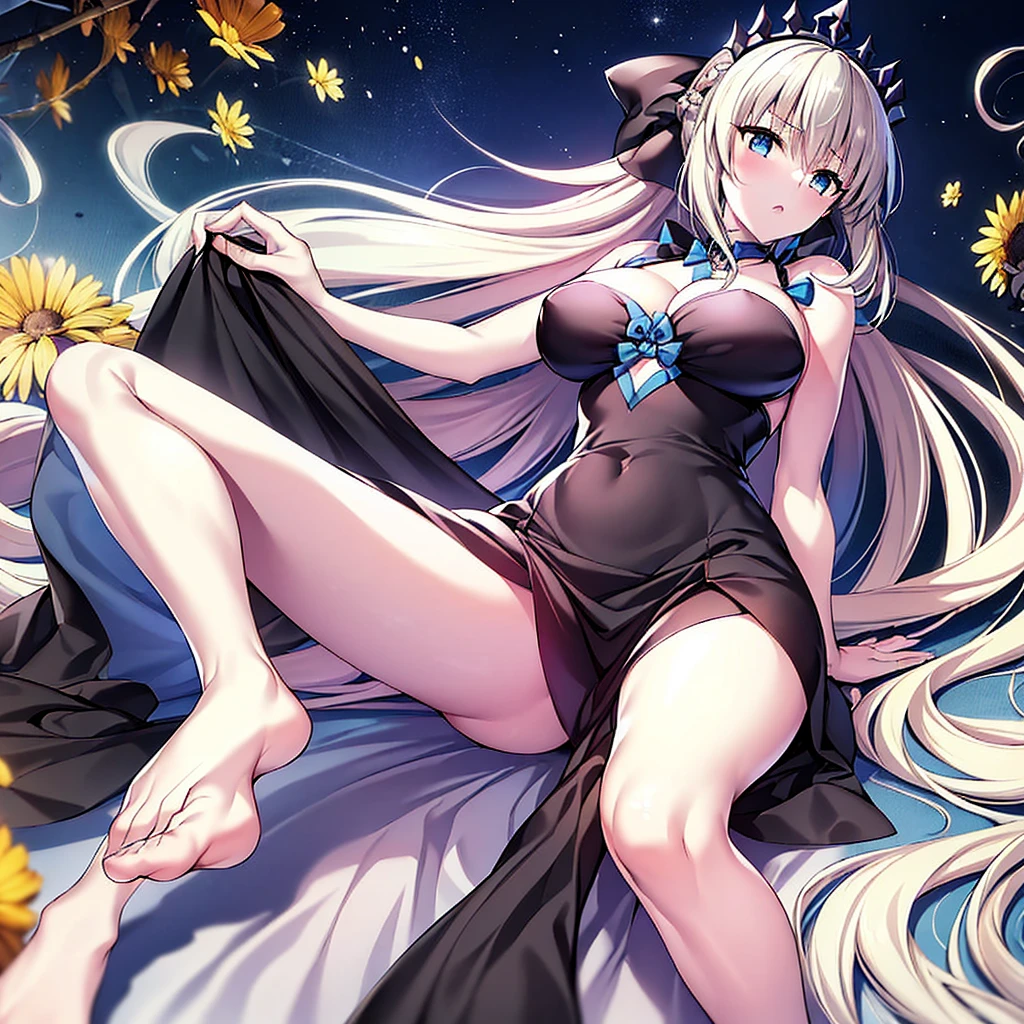 (Enrich the picture,Masterpiece level quality)Beautiful 8K CG artwork,1girl,(((solo))),morgan le fay (fate), blue eyes, Long Hair, pony tail,Very long hair, big boob, black bow, looking at viewer, gown, Hair Bow, thights, thights, black dress, Bangs, side locks, French braid, grey hair,Goddess-like posture,Kneeling exercise,Slim and soft,Translucent skin,big breasts,lying on your back,leg extension,m legs,Look at the viewer,expression to the top,on bed,