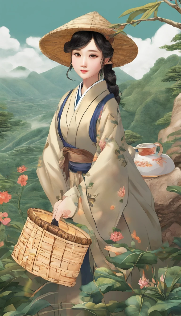 【illustration】A girl picking tea(The composition of the characters is small)。Beautiful and cute tea picking girl(traditional student clothing),Go to tea mountains to pick tea;Carrying a small bamboo basket,Wearing a straw hat。Tea picking girl;Tea plantation in the background,Yunshan is far away。hyper HD, retinas, tmasterpiece, Acura, Anatomically correct, Award-Awarded, high high quality, high detal, super detailing, ctextured skin, Best quality, A high resolution, 1080p, k hd, 4K, 8K, 16k。