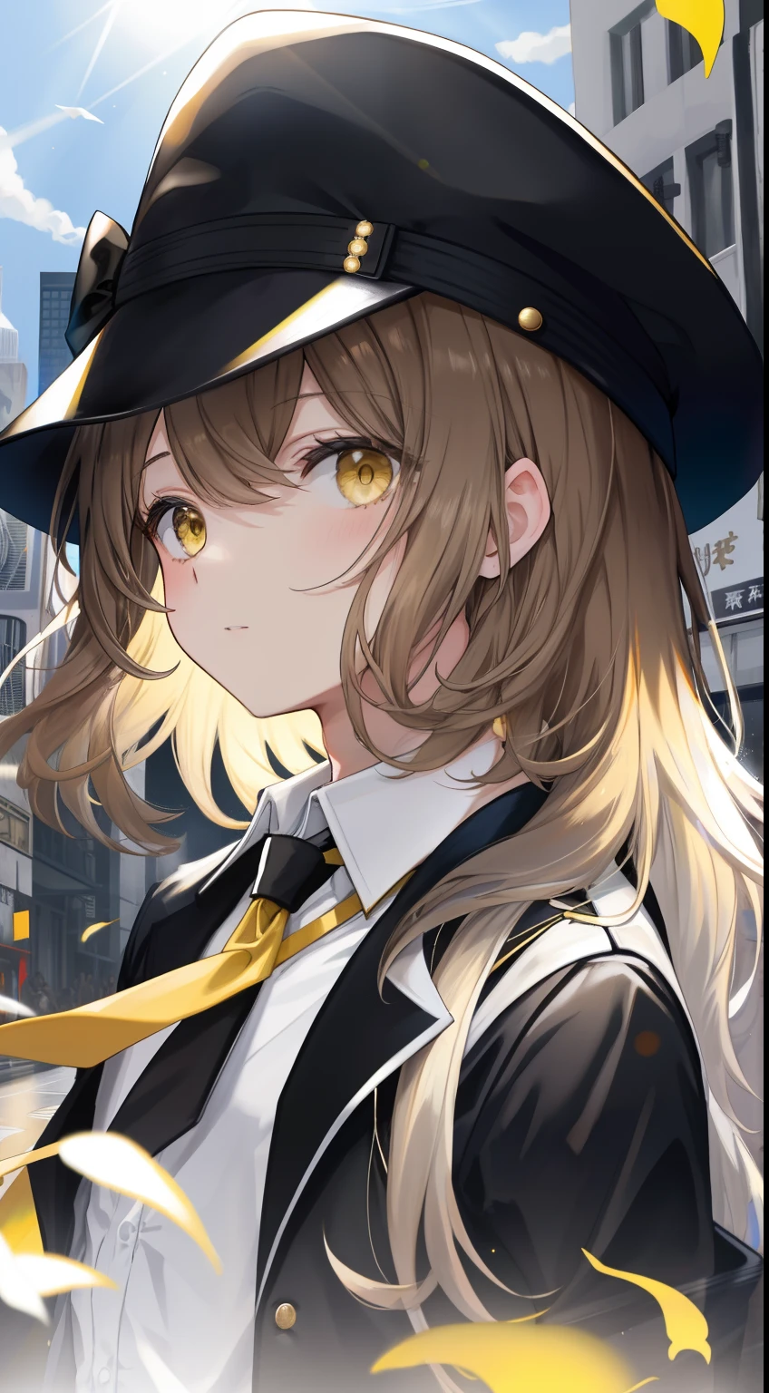 darkintenseshadows, yellow-eyed, Medium hair, brunette color hair, By bangs, Fluttering, Black jacket, Open jacket, white shirt, face expressionless, a yellow tie, Black dress, spotlight lights, rays of sunshine, sunraise, gradient sky, 城市, lens flare glow,Wearing a black hat,long whitr hair,Handsome,boy,adolable