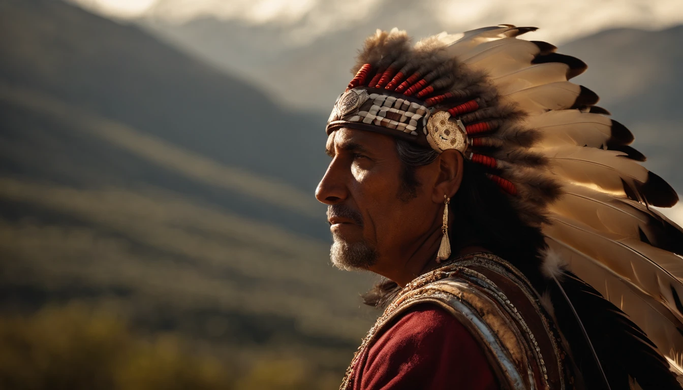 Hyperrealistic cinematic image of a king with feathers on his head.., Guerrero indio, eagle feather, praying in the mountains, warrior spirit, Tocado indio americano, indigenous art, Nikon D850 Film Photo Storage 4 Kodak Portra 400 F1 Lenses.6 Rich Colors Realistic Texture Dramatic Texture Dramatic Lighting IrrealEngine Trend on ArtStation Cinestill 800