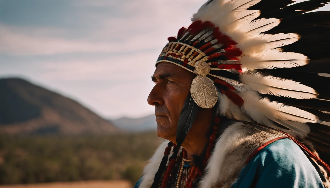 Hyperrealistic cinematic image of a king with feathers on his head..,  Guerrero indio, eagle feather, praying in the mountains,  warrior spirit, Tocado indio americano, indigenous art, Nikon D850 Film Photo Storage 4 Kodak Portra 400 F1 Lenses.6 Rich Colors Realistic Texture Dramatic Texture Dramatic Lighting IrrealEngine Trend on ArtStation Cinestill 800