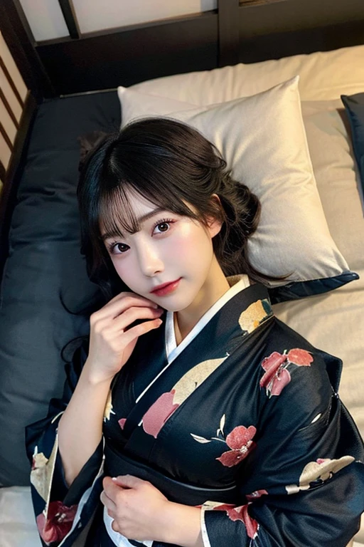 (Disheveled kimono、)、Dark Japanese-style room、Candle lighting、Dark indoor、Sleeping on tatami mats、Skin texture is natural,One Woman,japanes,,kawaii,A dark-haired,Middle hair,beutiful breast、Beautiful valley、Angle from above