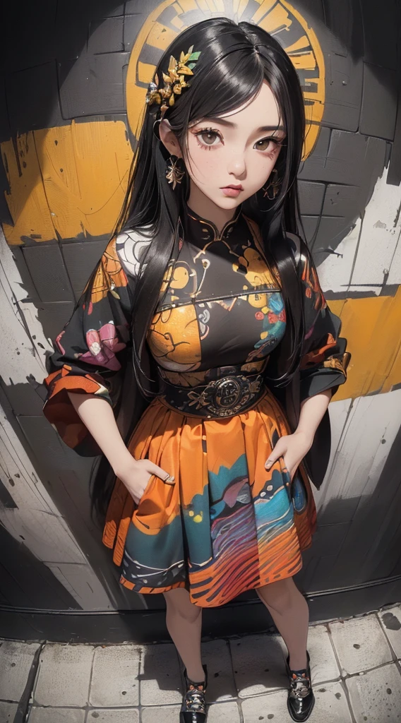 (((8k wallpaper of extremely detailed CG unit:1.2, masterpiece, hight resolution:1.2, top-quality:1.2, masutepiece))), ((a very beautiful woman, Hands in pockets:1.8, Grunge Fashion:1.2, Wearing a blouson:1.2, Wearing a long skirt, Wearing shoes)), ((extra detailed face, Highly detailed black eyes, extra detailed body, Top quality real texture skins)), (A dark-haired, length hair, de pele branca, Small:1.2), ((Colorful geometric patterns are painted all over the wall., Colorful wall)), (high-angle:1.2, Fisheye:1.3), hyper realisitic, digitial painting,