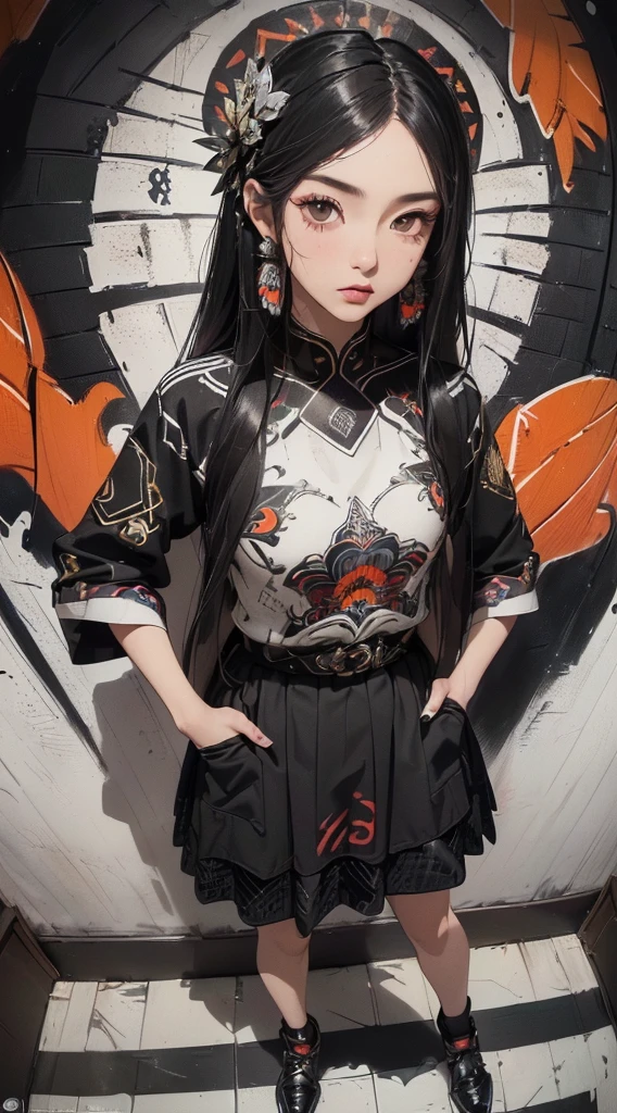 (((8k wallpaper of extremely detailed CG unit:1.2, ​masterpiece, hight resolution:1.2, top-quality:1.2, masutepiece))), ((a very beautiful woman, Hands in pockets:1.8, Grunge Fashion:1.2, Wearing a blouson:1.2, Wearing a long skirt, Wearing shoes)), ((extra detailed face, Highly detailed black eyes, extra detailed body, Top quality real texture skins)), (A dark-haired, length hair, de pele branca, Small:1.2), ((Colorful geometric patterns are painted all over the wall., Colorful wall)), (high-angle:1.2, Fisheye:1.3), hyper realisitic, digitial painting,