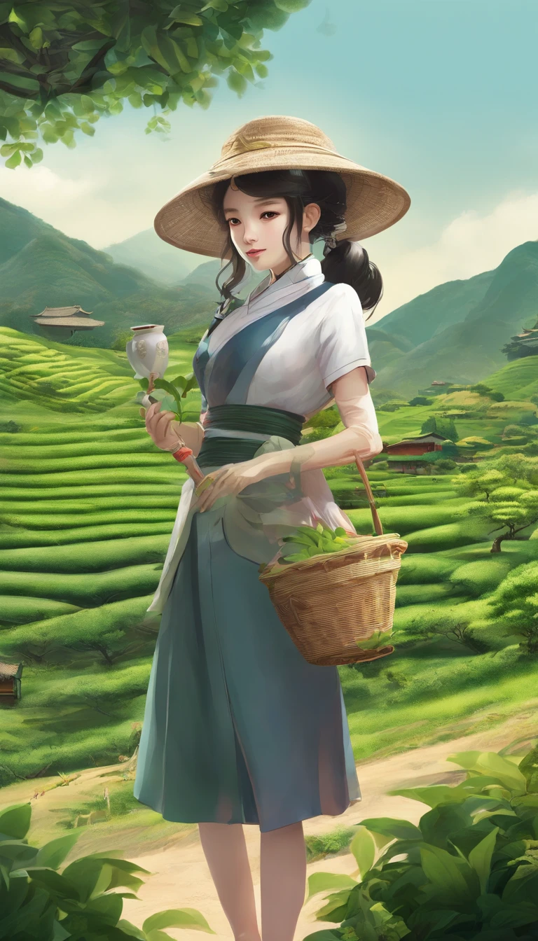 [ Amazing Cleavage | astounding | Exquisite ]【illustratio】Girl picking tea（The character composition is small）。Beautiful and cute tea picking girl（traditional student clothing），Go to tea mountains to pick tea；Carrying a small bamboo basket，Wearing a straw hat。Tea picking girl；Tea plantation in the background，Yunshan is far away。hyper HD, retinas, tmasterpiece, Acura, Anatomically correct, Award-Awarded, high high quality, high detal, super detailing, ctextured skin, Best quality at best, A high resolution, 1080p, k hd, 4K, 8K, 16k。