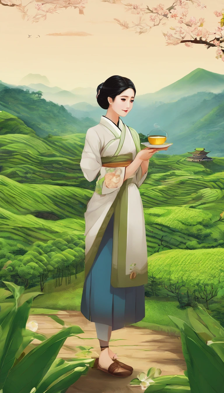 [ Amazing Cleavage | astounding | Exquisite ]【illustratio】Girl picking tea（The character composition is small）。Beautiful and cute tea picking girl（traditional student clothing），Go to tea mountains to pick tea；Carrying a small bamboo basket，Wearing a straw hat。Tea picking girl；Tea plantation in the background，Yunshan is far away。hyper HD, retinas, tmasterpiece, Acura, Anatomically correct, Award-Awarded, high high quality, high detal, super detailing, ctextured skin, Best quality at best, A high resolution, 1080p, k hd, 4K, 8K, 16k。