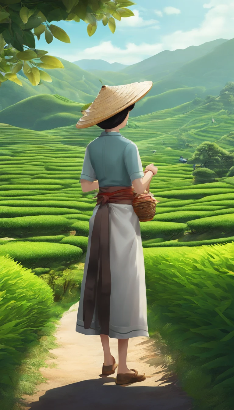 [ Amazing Cleavage | astounding | Exquisite ]【illustratio】Girl picking tea（The character composition is small）。Beautiful and cute tea picking girl（traditional student clothing），Go to tea mountains to pick tea；Carrying a small bamboo basket，Wearing a straw hat。Tea picking girl；Tea plantation in the background，Yunshan is far away。hyper HD, retinas, tmasterpiece, Acura, Anatomically correct, Award-Awarded, high high quality, high detal, super detailing, ctextured skin, Best quality at best, A high resolution, 1080p, k hd, 4K, 8K, 16k。