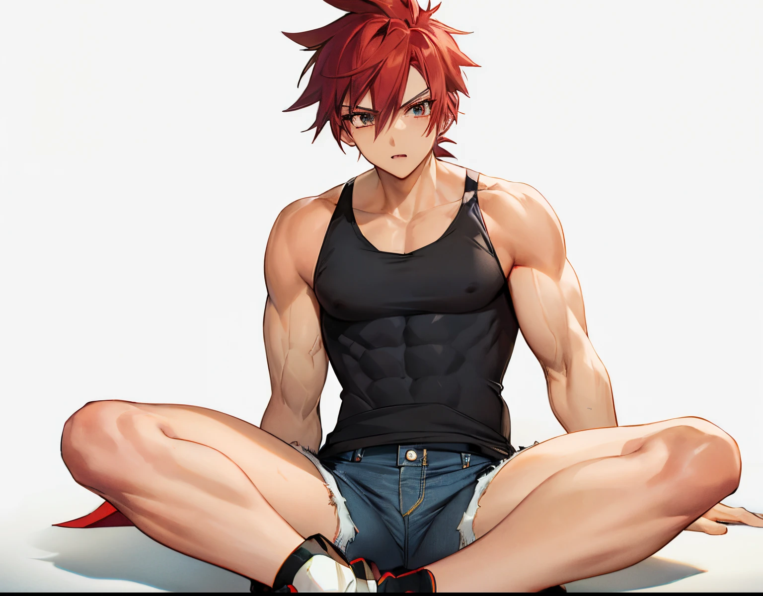 Red haired anime boy sitting on floor with legs crossed, Anime Boy, anime style character, garments:Black tank top, boy wearing denim shorts, In anime style, anime styled, Anime style, Muscular men, Knight of Zodiac Boy, short ponytail red hair, In an anime style, masculine and muscular, Bare arms, Bare shoulders,